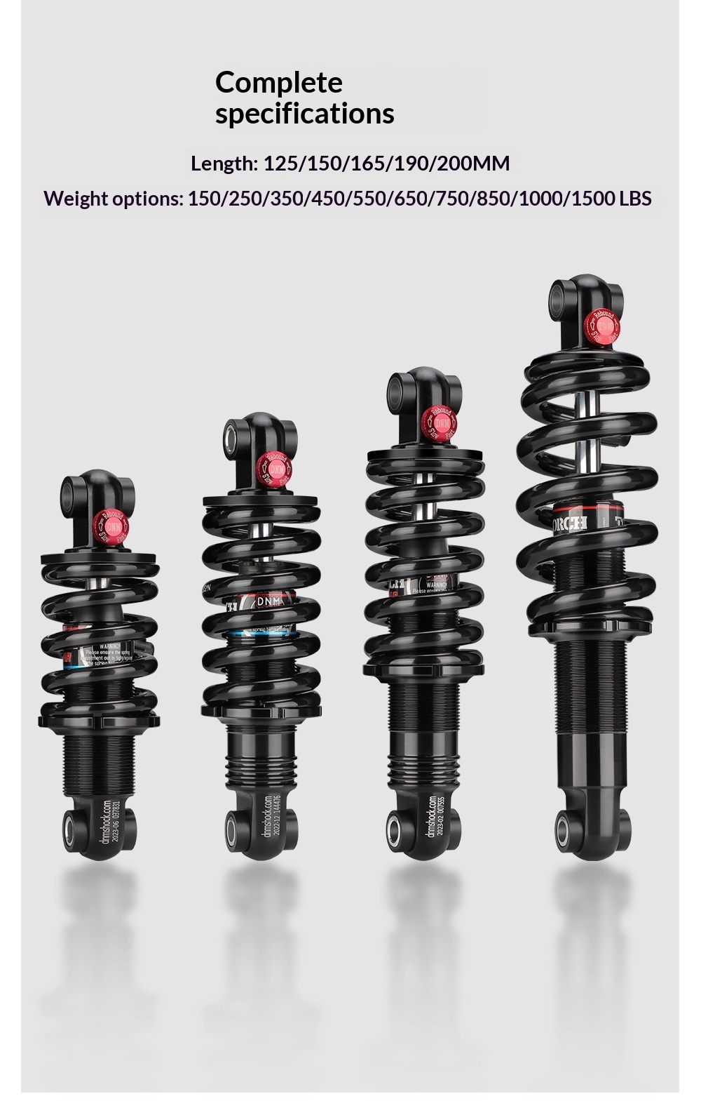 DNM DV-22AR Hydraulic Coil Spring Rear Shock Absorber - Adjustable Rebound Damping for MTB/E-Bike (Various Sizes & LBS)