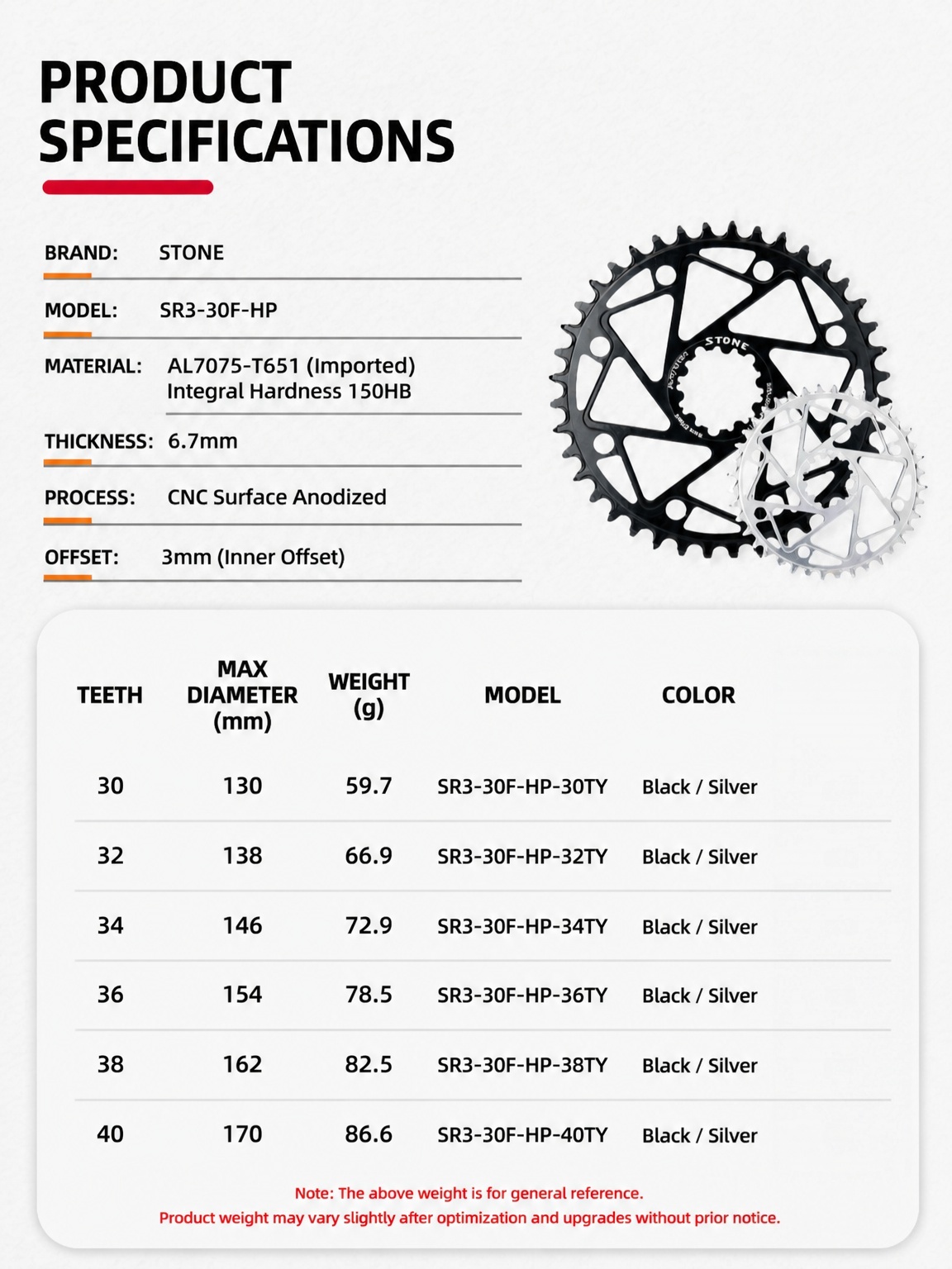 STONE Direct Mount MTB Chainring for SRAM GXP 3-bolt Cranks, 3mm Offset, SR3-3OF-HP with Optional Bash Guard