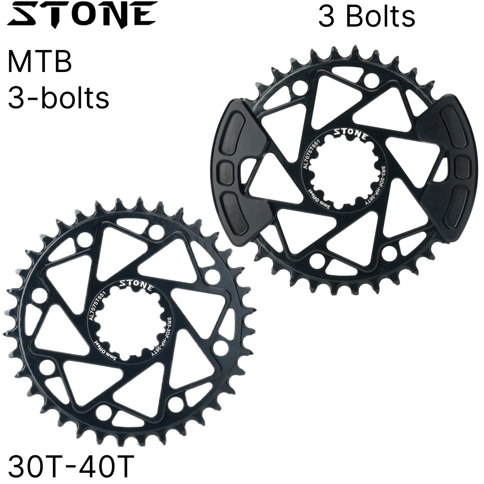 STONE Direct Mount MTB Chainring for SRAM GXP 3-bolt Cranks, 3mm Offset, SR3-3OF-HP with Optional Bash Guard