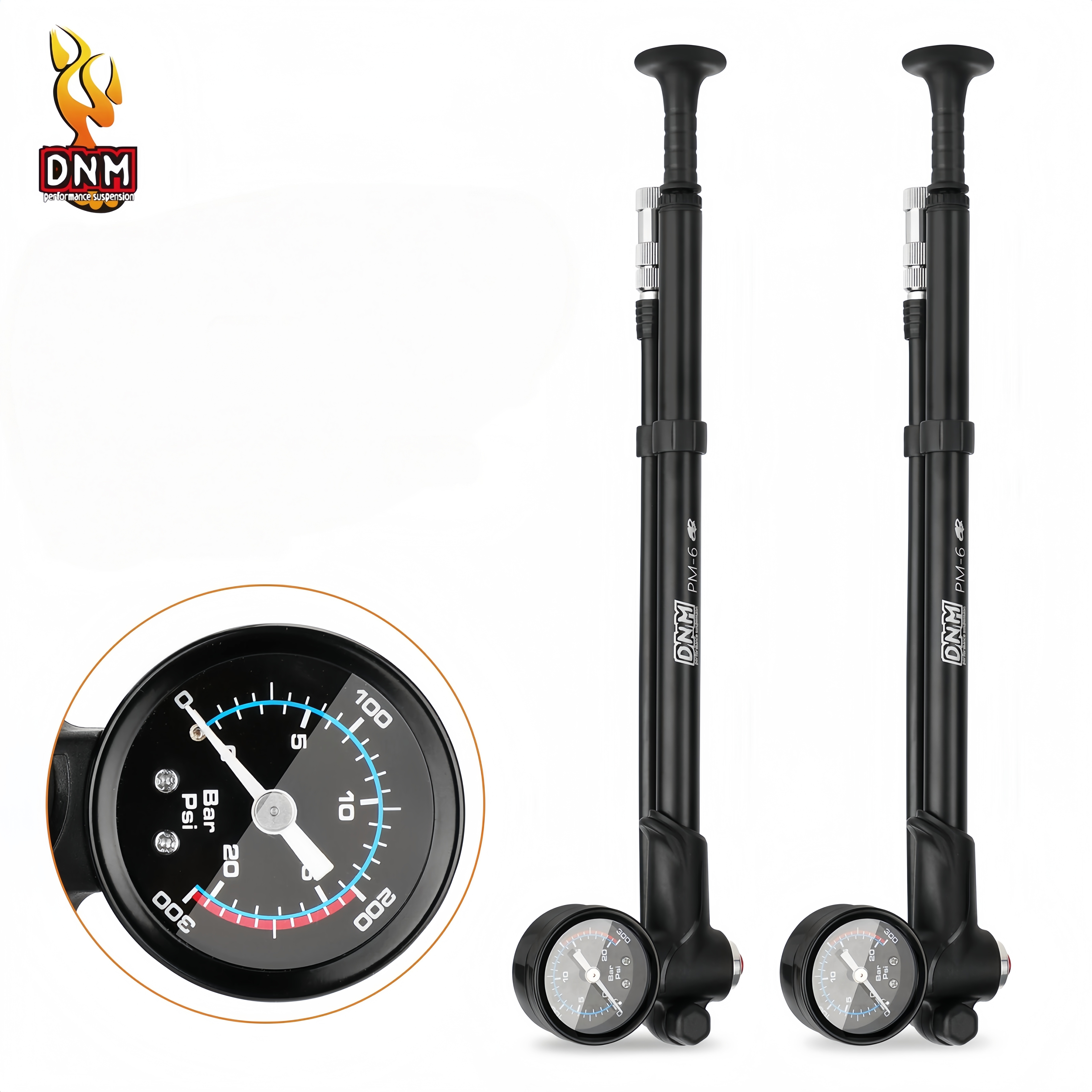 DNM PM-6 300PSI High Pressure Bicycle Shock Pump with Gauge for Suspension Fork, Rear Shock & Tires