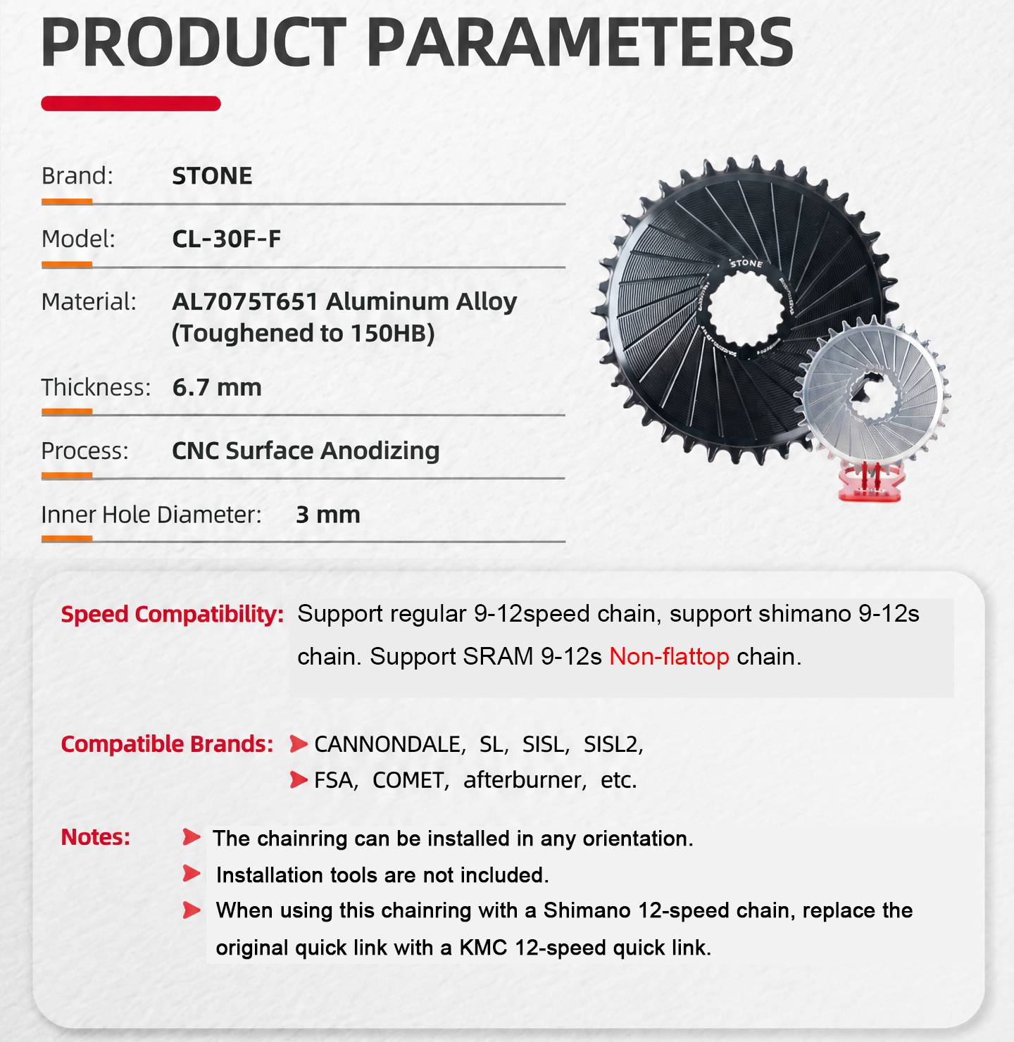 STONE Direct Mount Chainring 30-40T for Cannondale SI SL SISL SISL2 and for FSA Comet Afterburner, 3mm Inner Offset