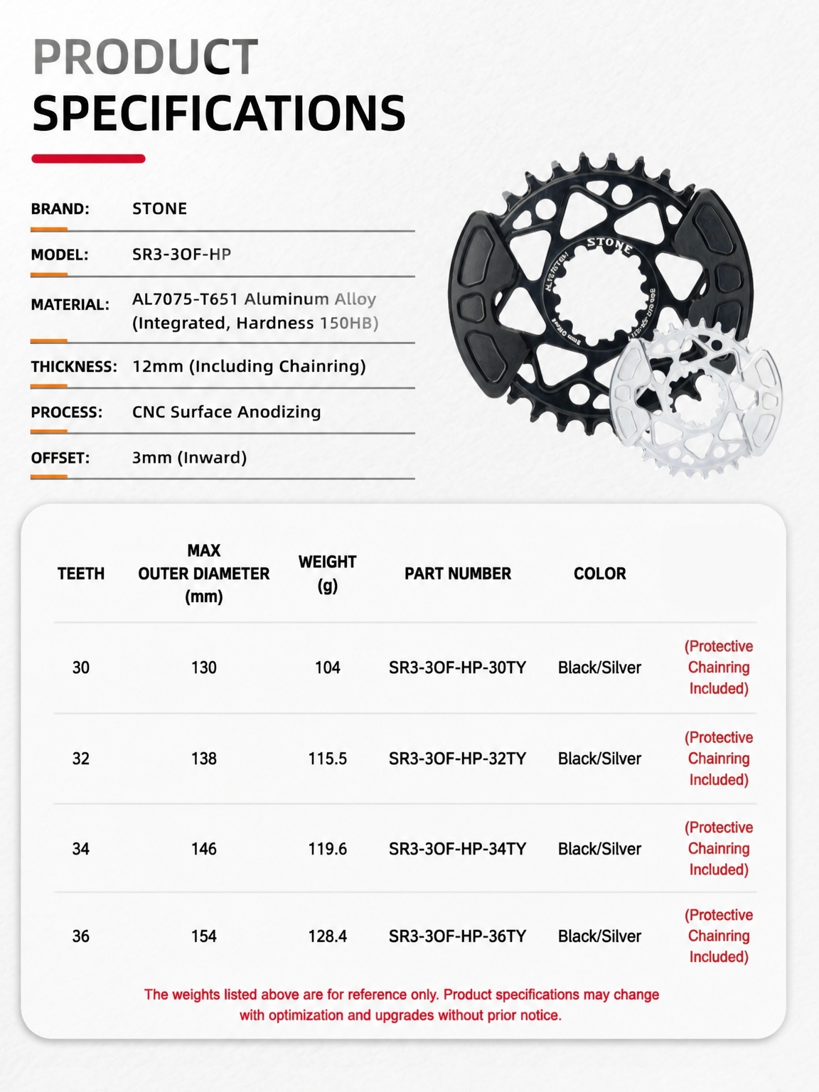 STONE Direct Mount MTB Chainring for SRAM GXP 3-bolt Cranks, 3mm Offset, SR3-3OF-HP with Optional Bash Guard