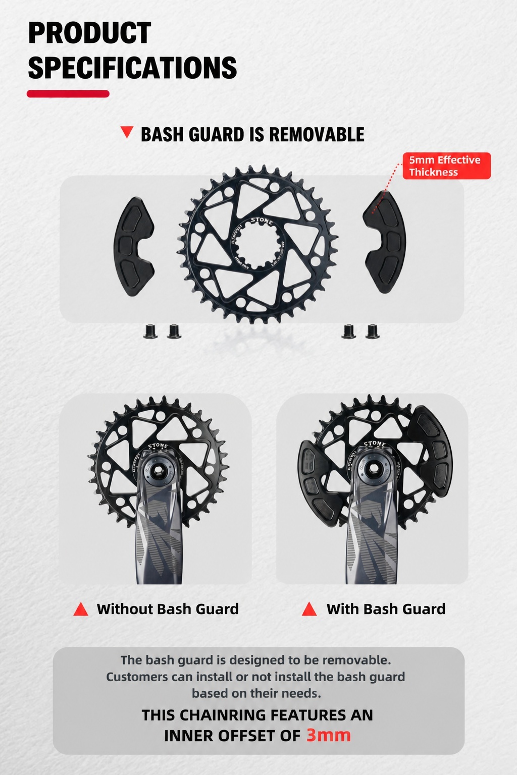 STONE Direct Mount MTB Chainring for SRAM GXP 3-bolt Cranks, 3mm Offset, SR3-3OF-HP with Optional Bash Guard