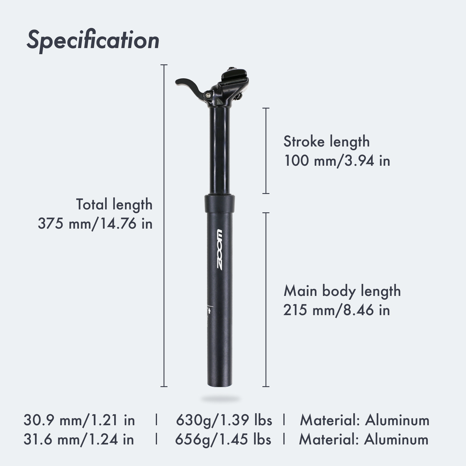 Zoom Dropper Seatpost Manual Control Lever Height Adjustable Seat Post Hydraulic Bicycle 100mm Travel 375mm 30.9 31.6 Mm MTB