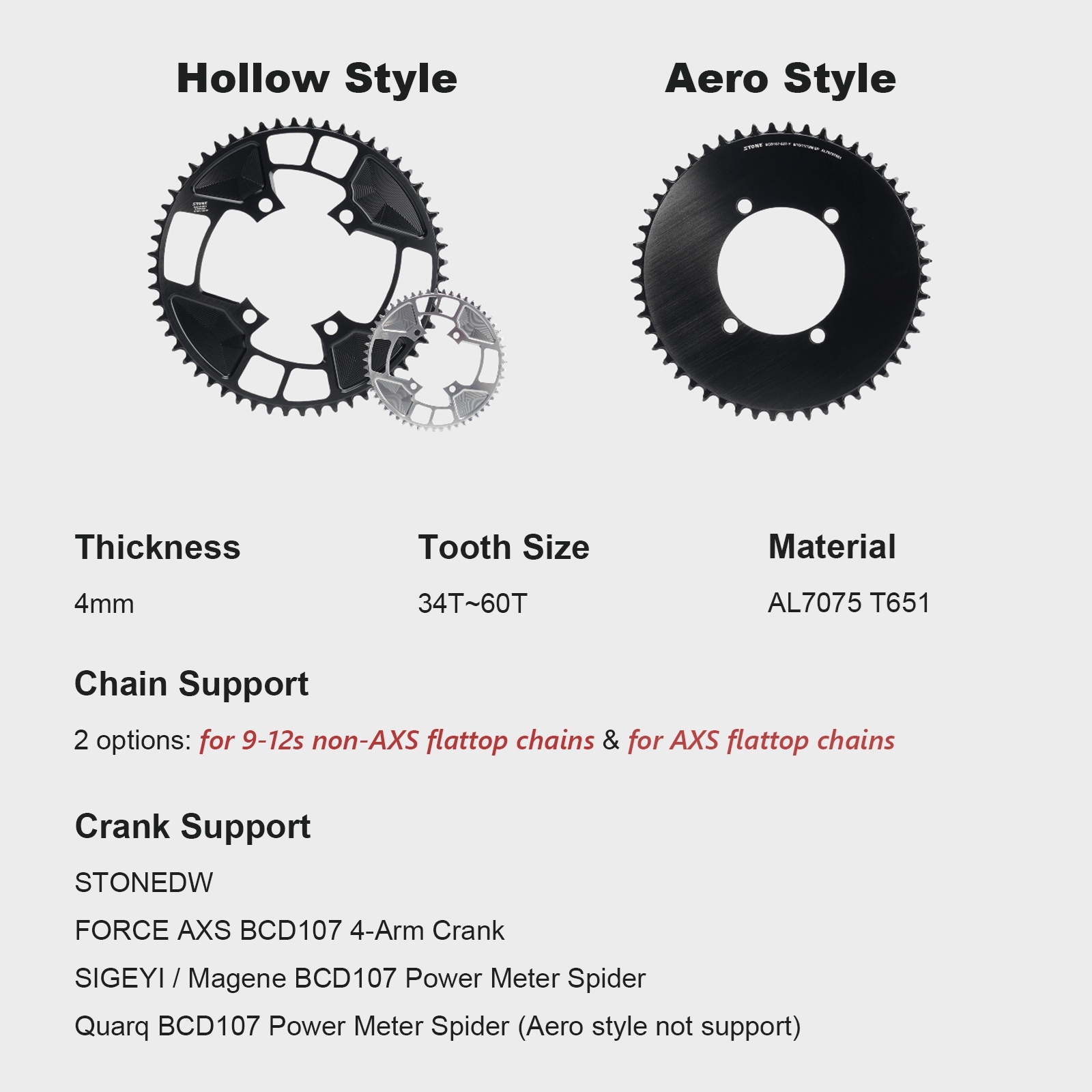 Stone Round Chainring 107BCD for Sram Force AXS 12S Crankset 107 Bcd MTB Road Bike Chainwheel 34 36 40 42 54 56 58 60T AXS Flattop T-type
