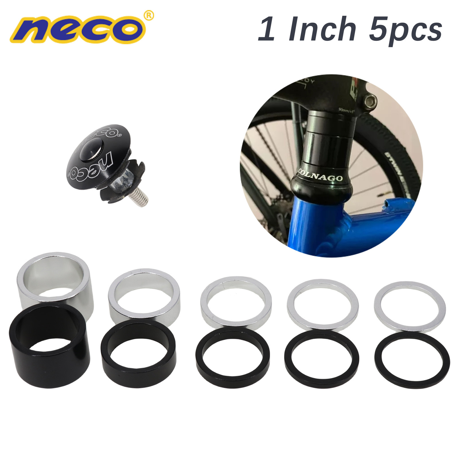 Neco 1 Inch 25.4mm 20/10/5/3/2mm Bicycle Headset Stem Al Bike Fork Star Nut Top Cap Cover Adjusting Dust Cover Spacer Washer