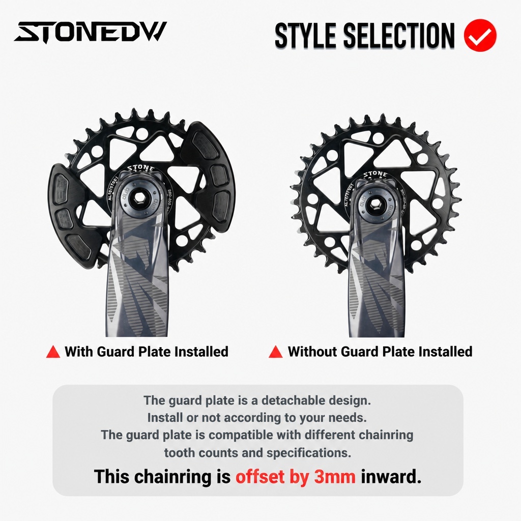 STONE Direct Mount MTB Chainring for SRAM GXP 3-bolt Cranks, 3mm Offset, SR3-3OF-HP with Optional Bash Guard
