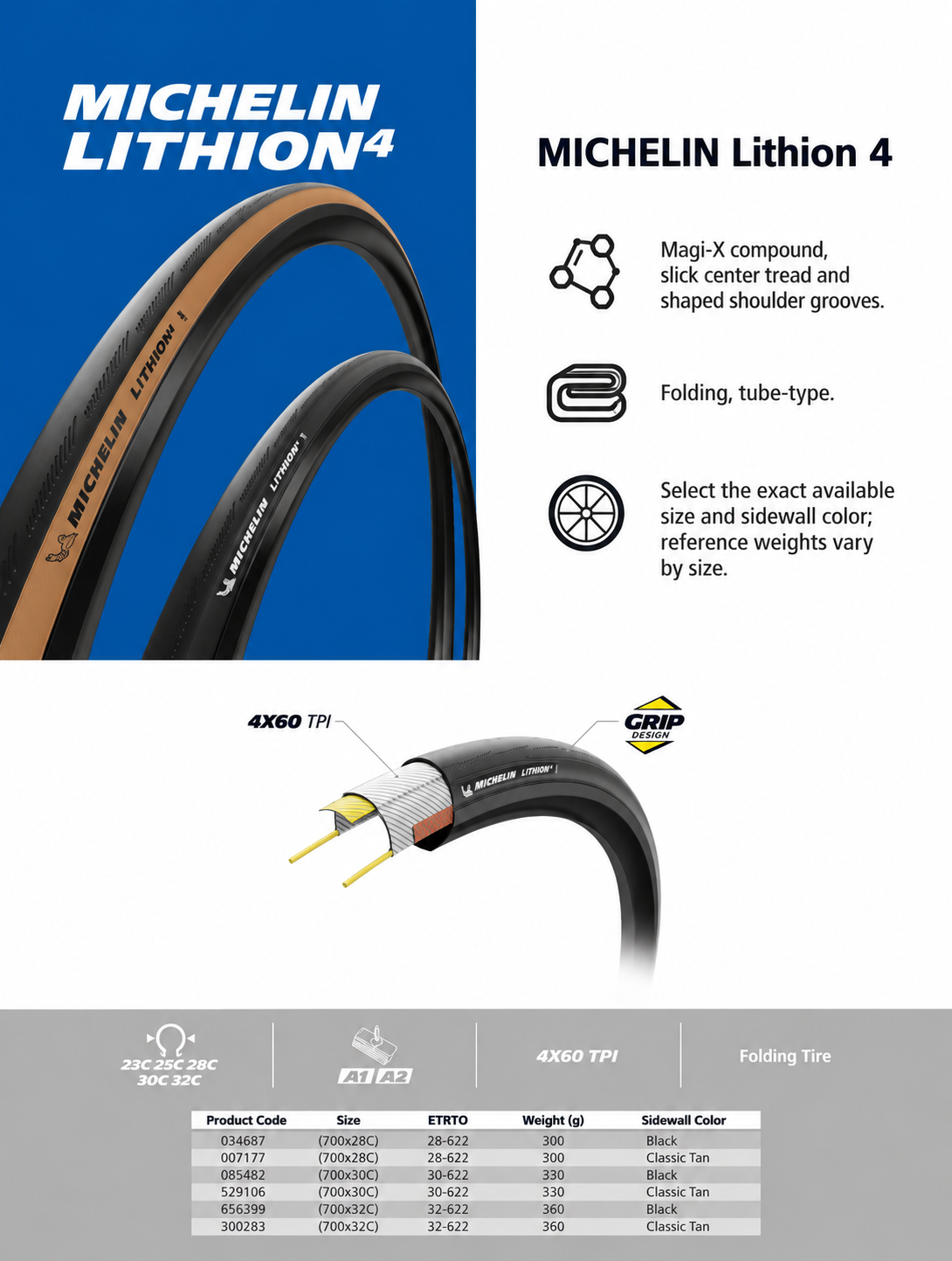 MICHELIN Dynamic Sport, Dynamic Classic and Lithion 4 Folding Road Bike Tires 700x25C, 28C, 30C, 32C