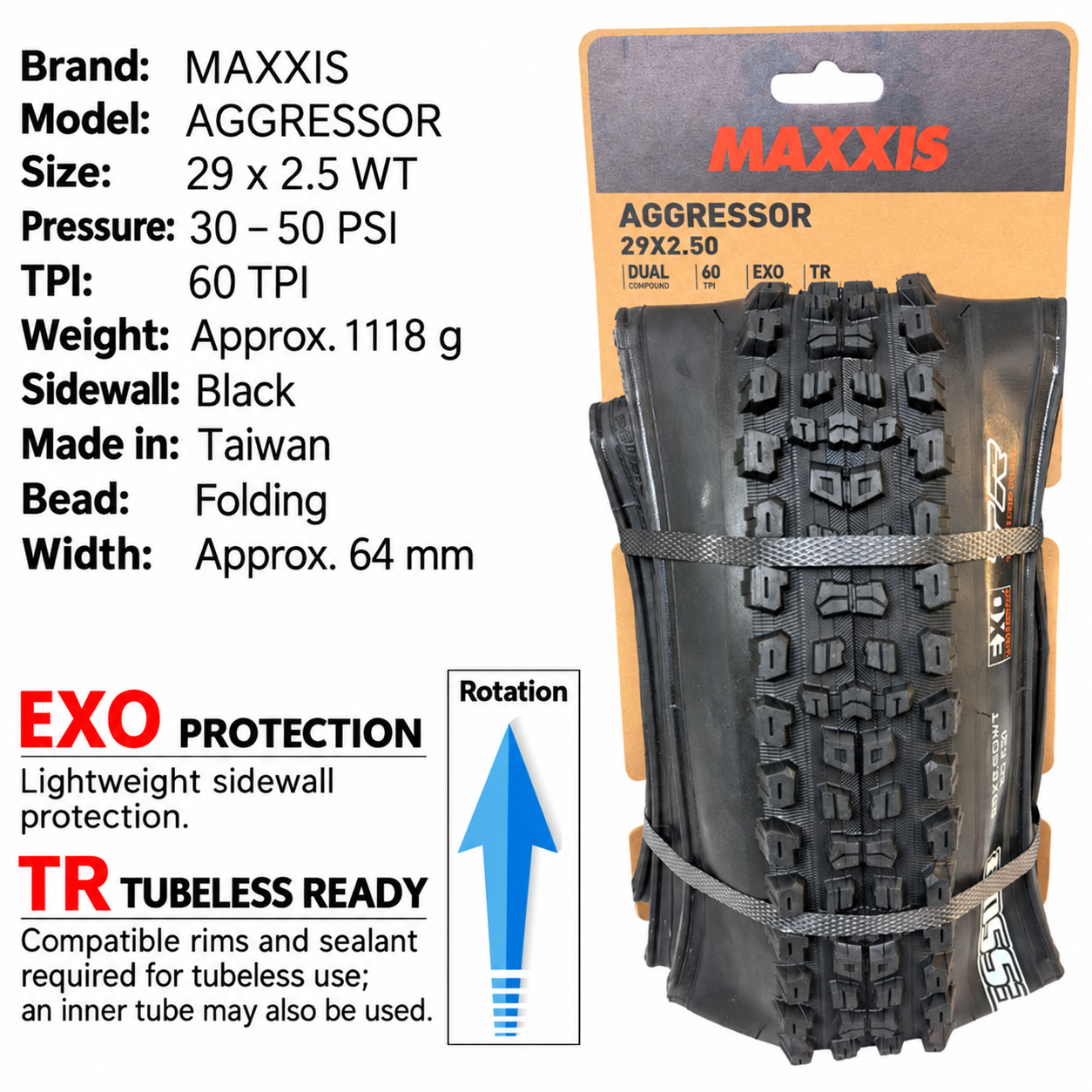 MAXXIS Aggressor EXO TR Folding Mountain Bike Tires, 26, 27.5 and 29 Inch
