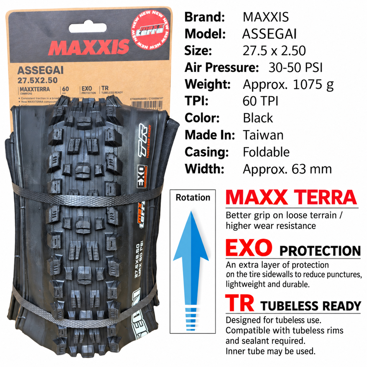MAXXIS Assegai Folding Mountain Bike Tires, 27.5 and 29 Inch, EXO, EXO+, DD and DH Options
