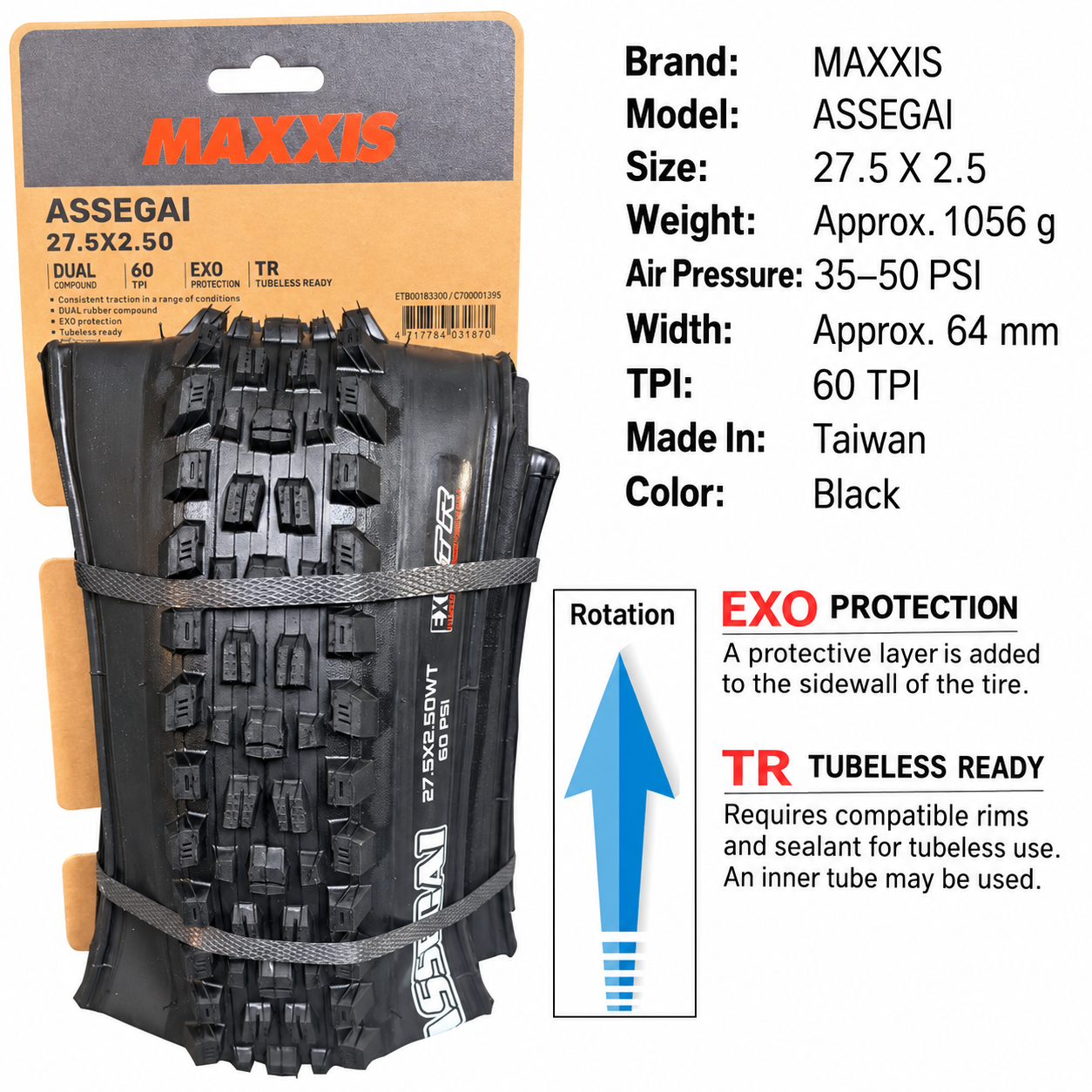 MAXXIS Assegai Folding Mountain Bike Tires, 27.5 and 29 Inch, EXO, EXO+, DD and DH Options
