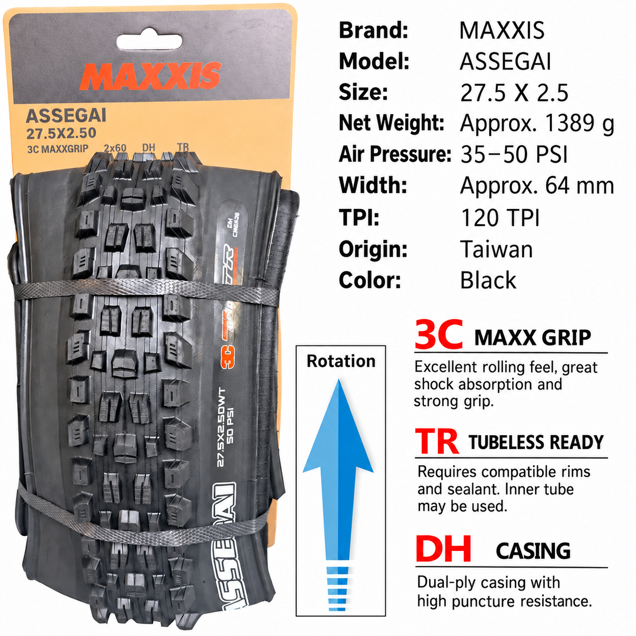 MAXXIS Assegai Folding Mountain Bike Tires, 27.5 and 29 Inch, EXO, EXO+, DD and DH Options
