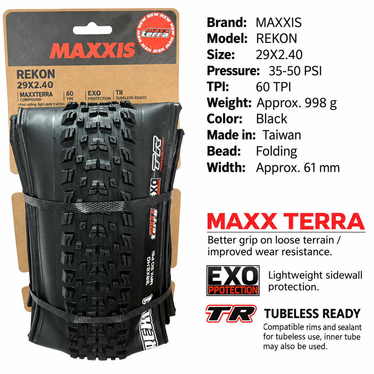 MAXXIS Rekon Folding Mountain Bike Tires, 24, 27.5 and 29 Inch