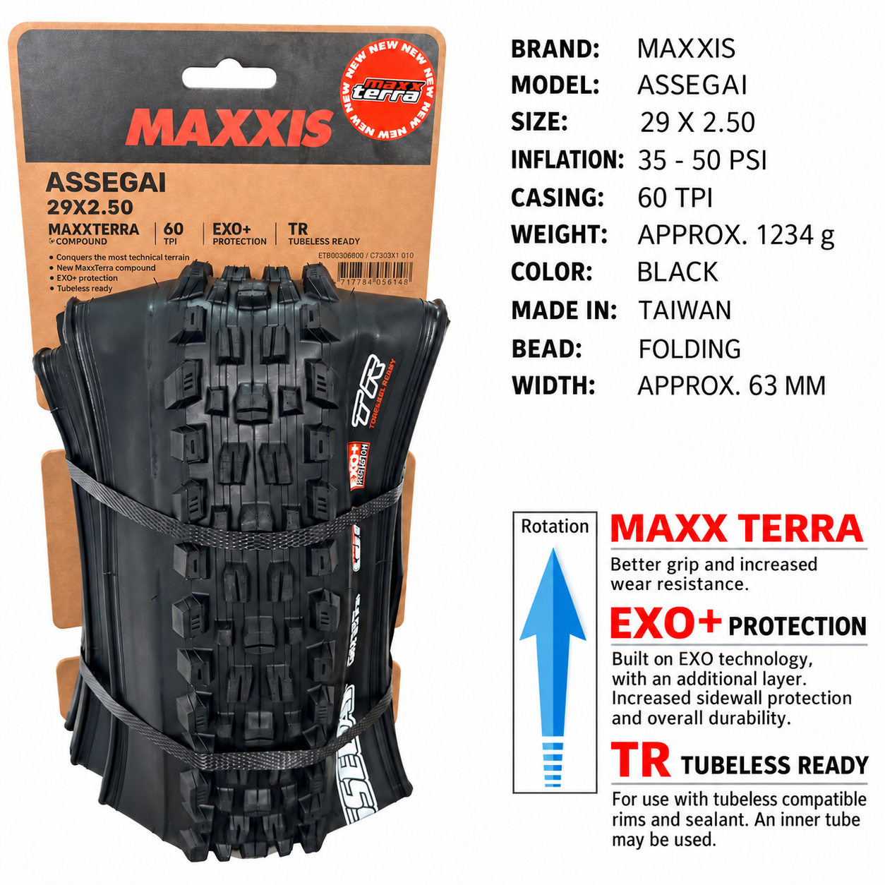 MAXXIS Assegai Folding Mountain Bike Tires, 27.5 and 29 Inch, EXO, EXO+, DD and DH Options