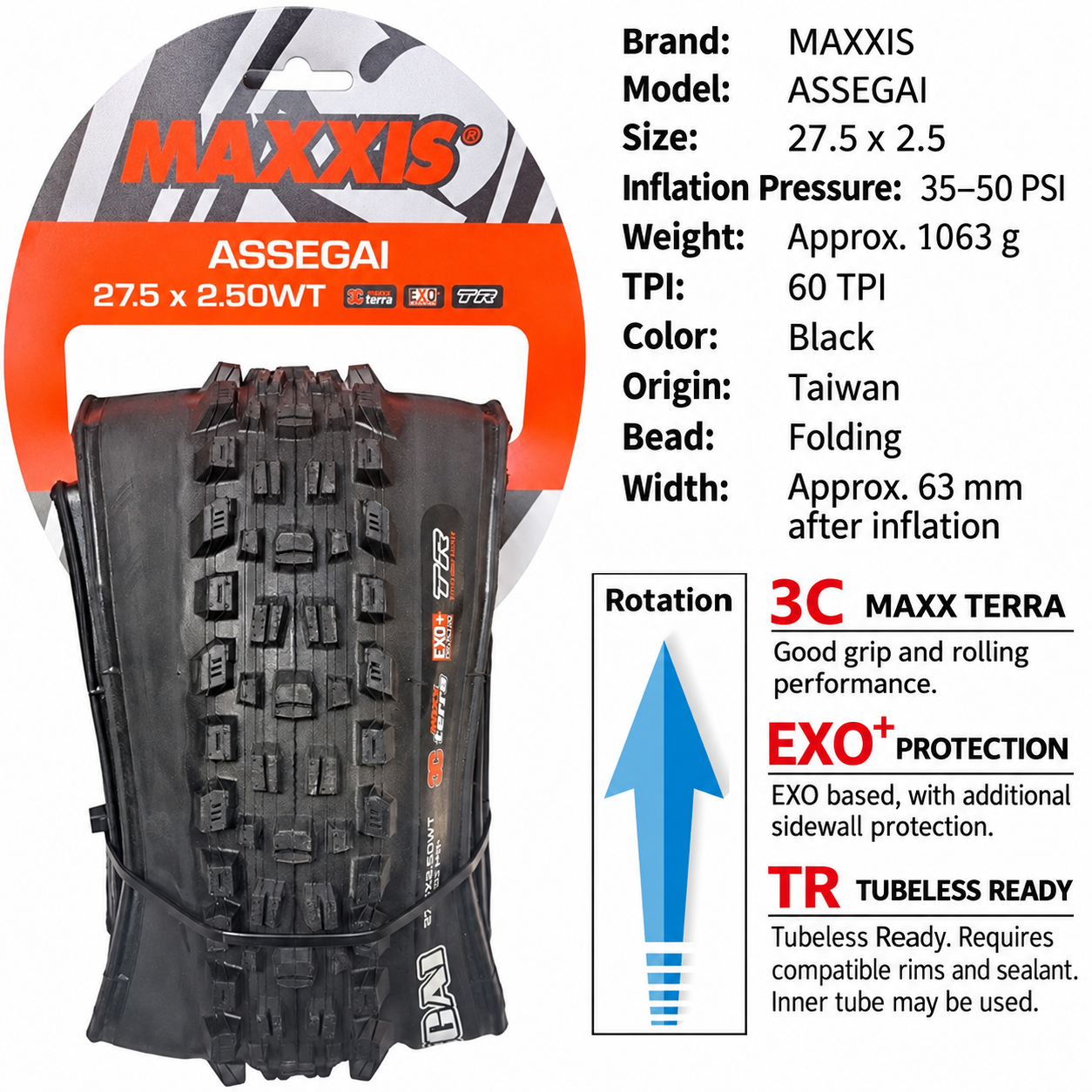 MAXXIS Assegai Folding Mountain Bike Tires, 27.5 and 29 Inch, EXO, EXO+, DD and DH Options