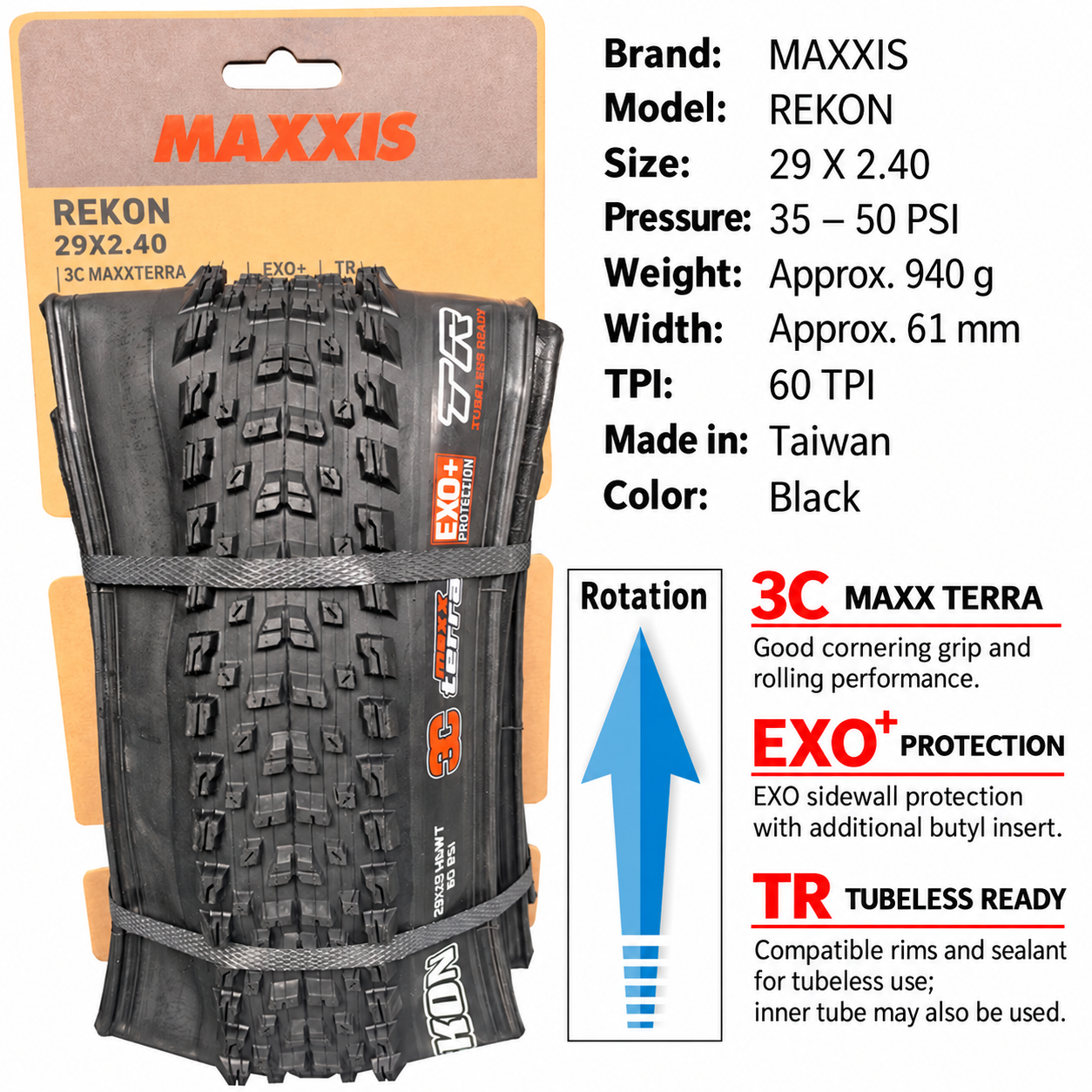 MAXXIS Rekon Folding Mountain Bike Tires, 24, 27.5 and 29 Inch