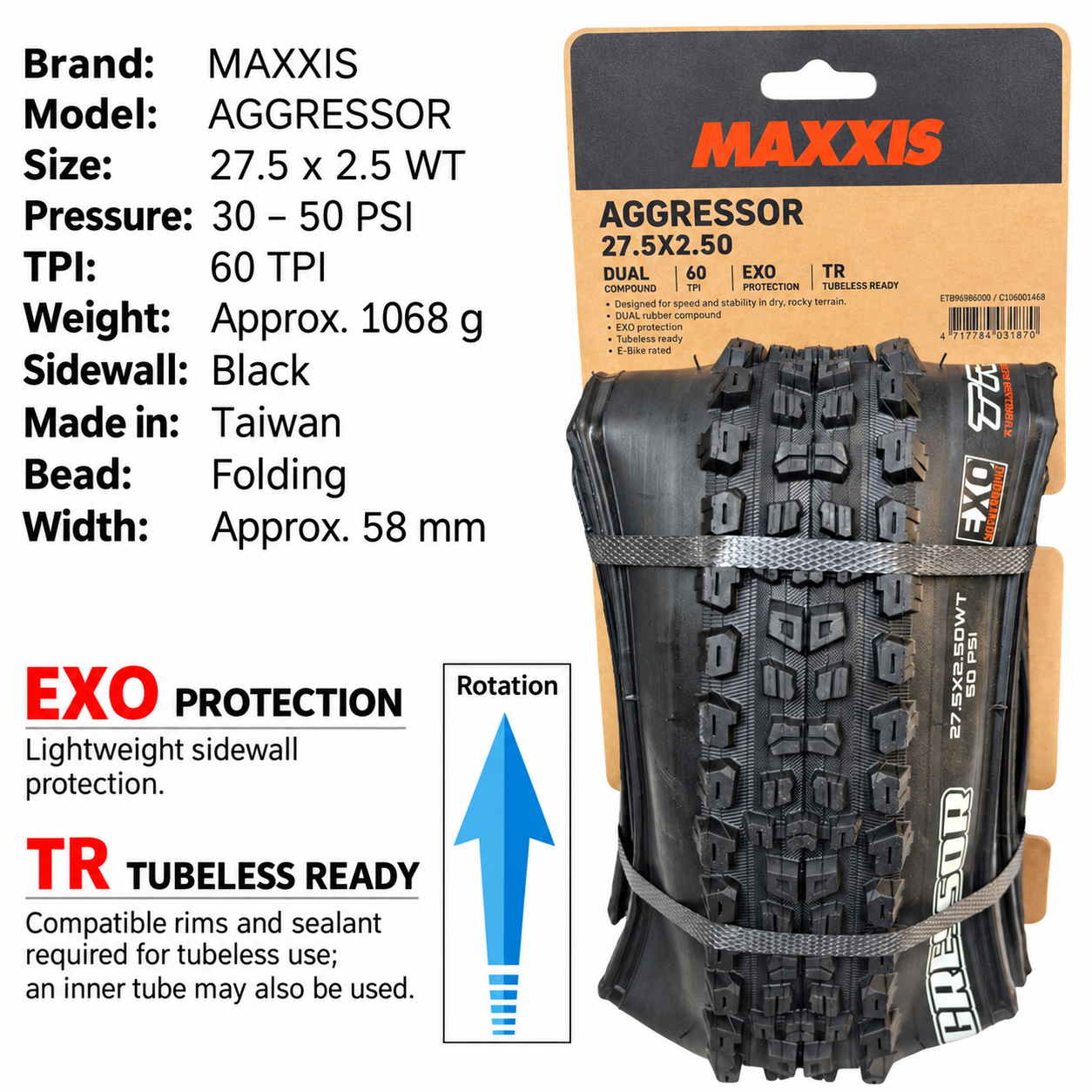 MAXXIS Aggressor EXO TR Folding Mountain Bike Tires, 26, 27.5 and 29 Inch