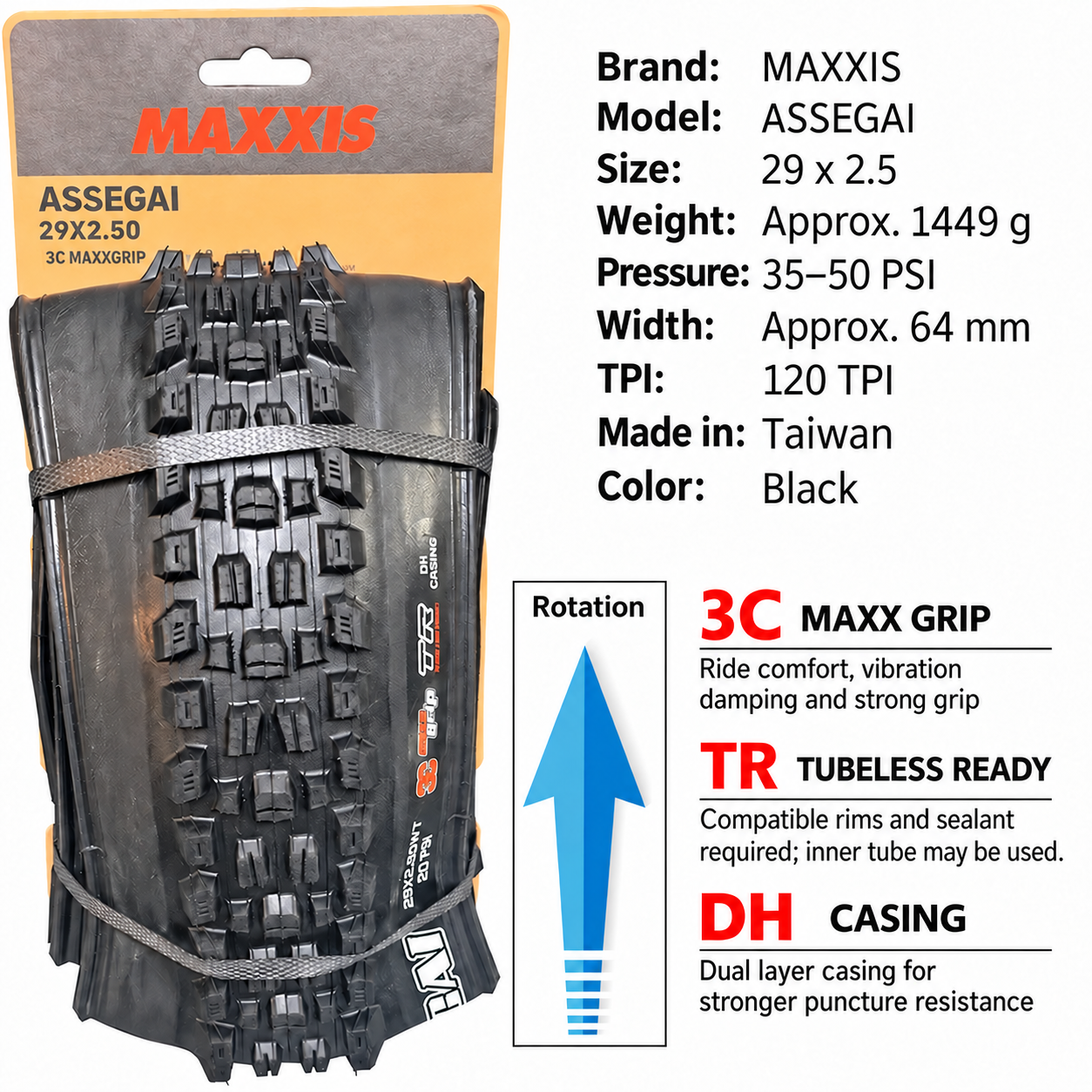 MAXXIS Assegai Folding Mountain Bike Tires, 27.5 and 29 Inch, EXO, EXO+, DD and DH Options