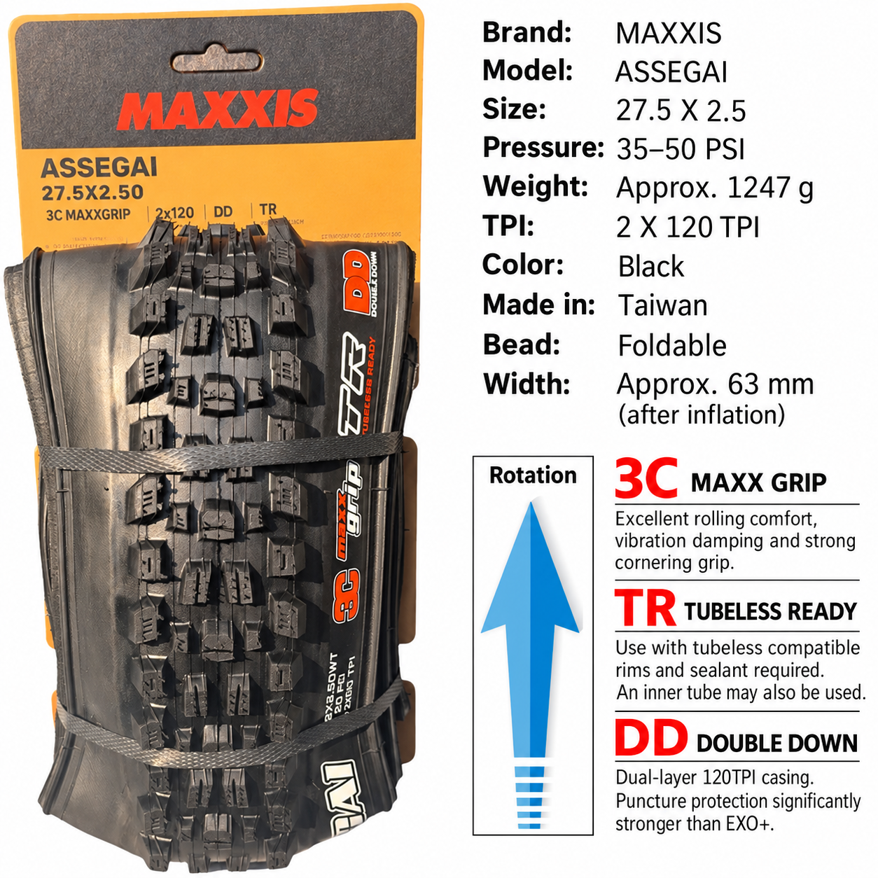 MAXXIS Assegai Folding Mountain Bike Tires, 27.5 and 29 Inch, EXO, EXO+, DD and DH Options