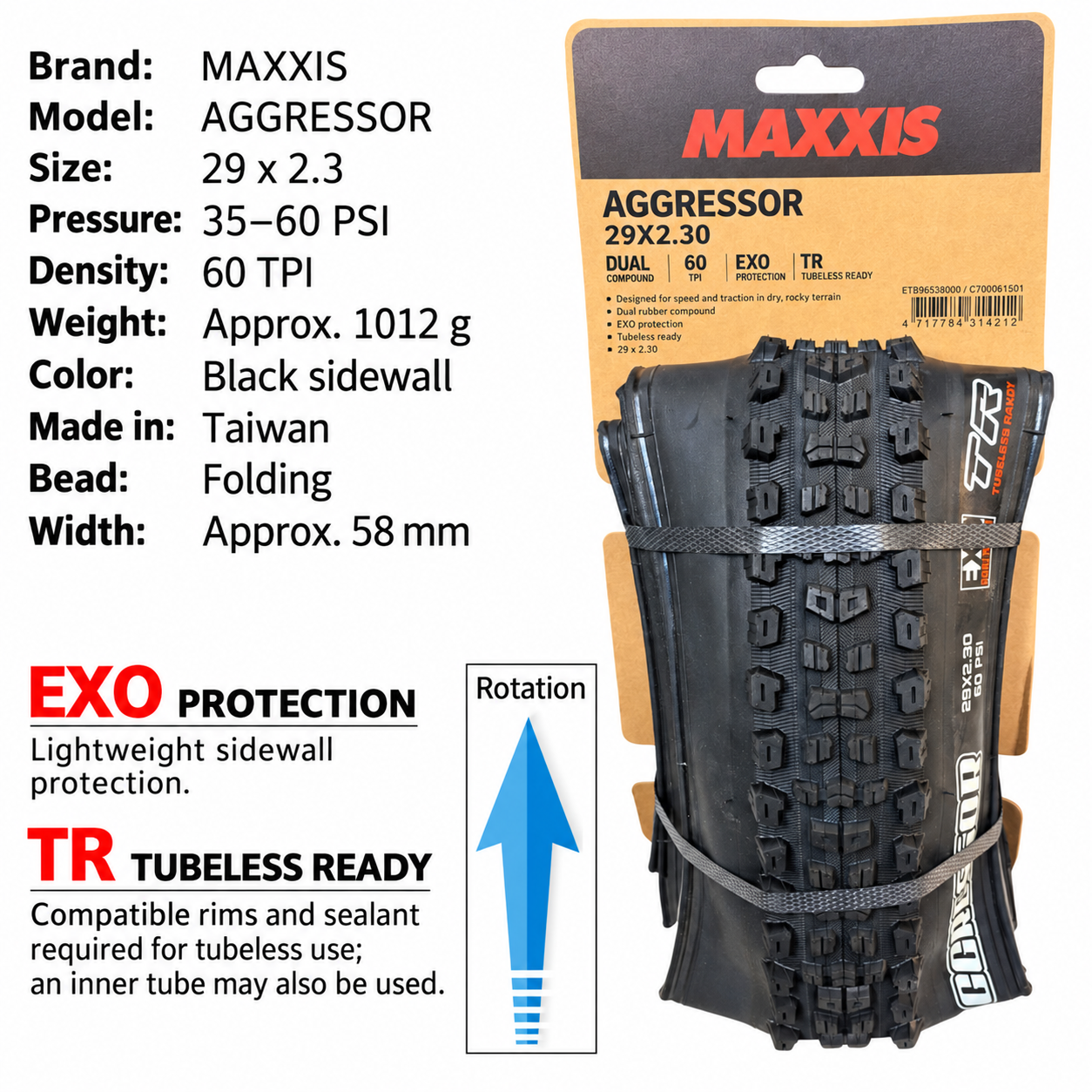 MAXXIS Aggressor EXO TR Folding Mountain Bike Tires, 26, 27.5 and 29 Inch