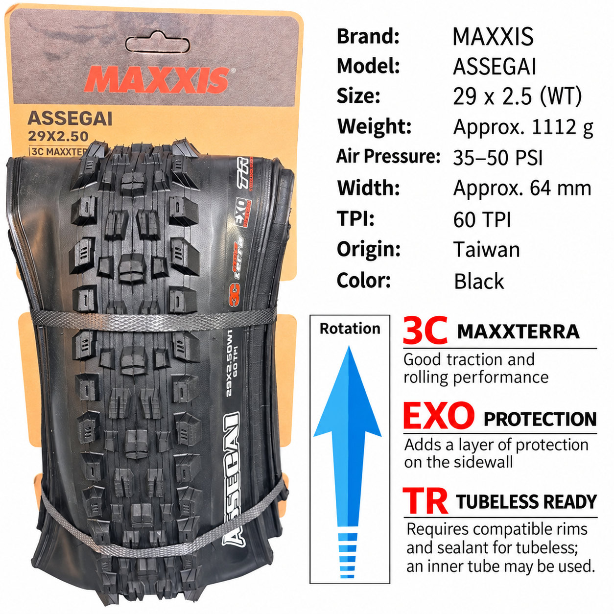 MAXXIS Assegai Folding Mountain Bike Tires, 27.5 and 29 Inch, EXO, EXO+, DD and DH Options