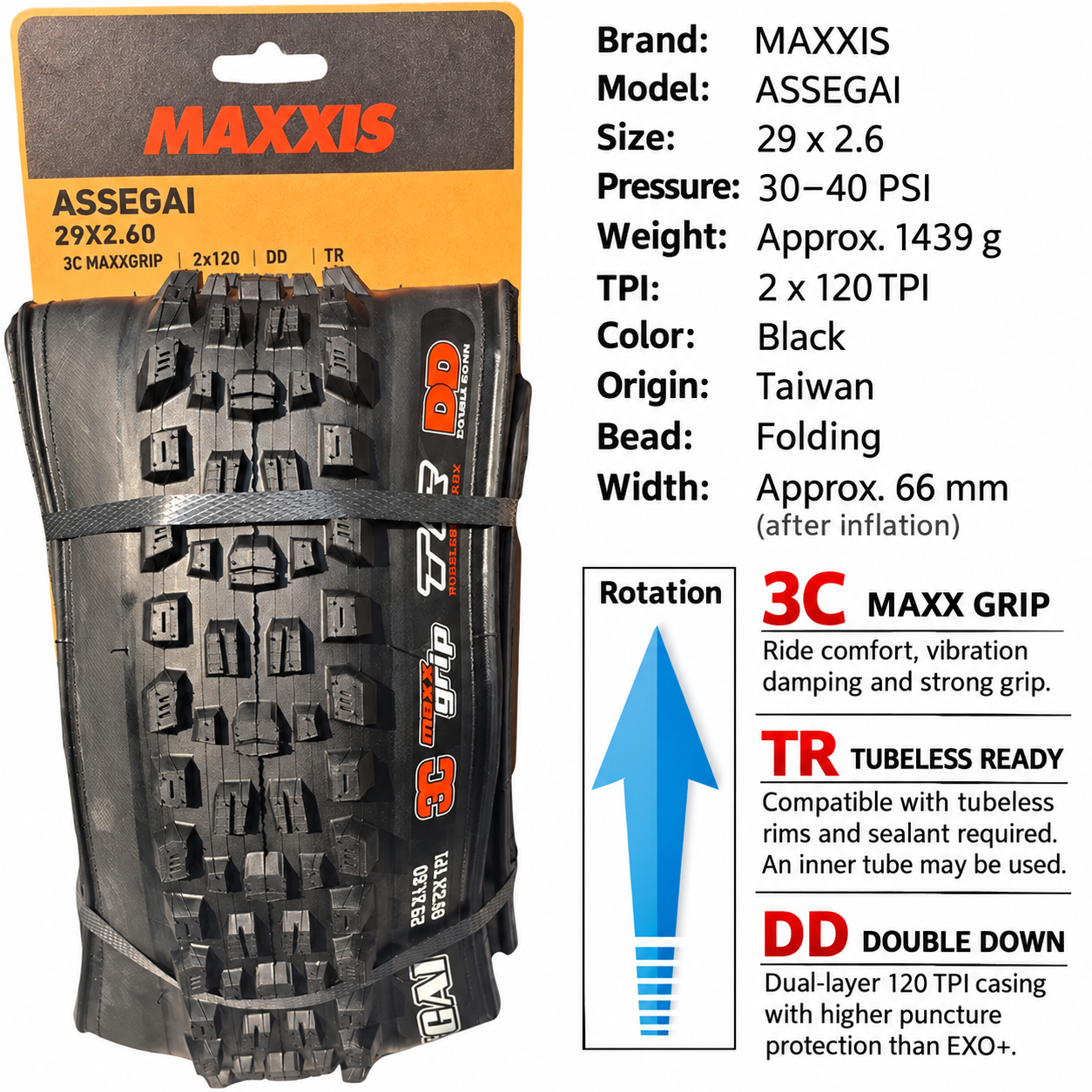 MAXXIS Assegai Folding Mountain Bike Tires, 27.5 and 29 Inch, EXO, EXO+, DD and DH Options