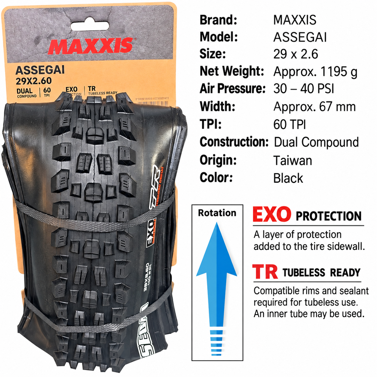 MAXXIS Assegai Folding Mountain Bike Tires, 27.5 and 29 Inch, EXO, EXO+, DD and DH Options