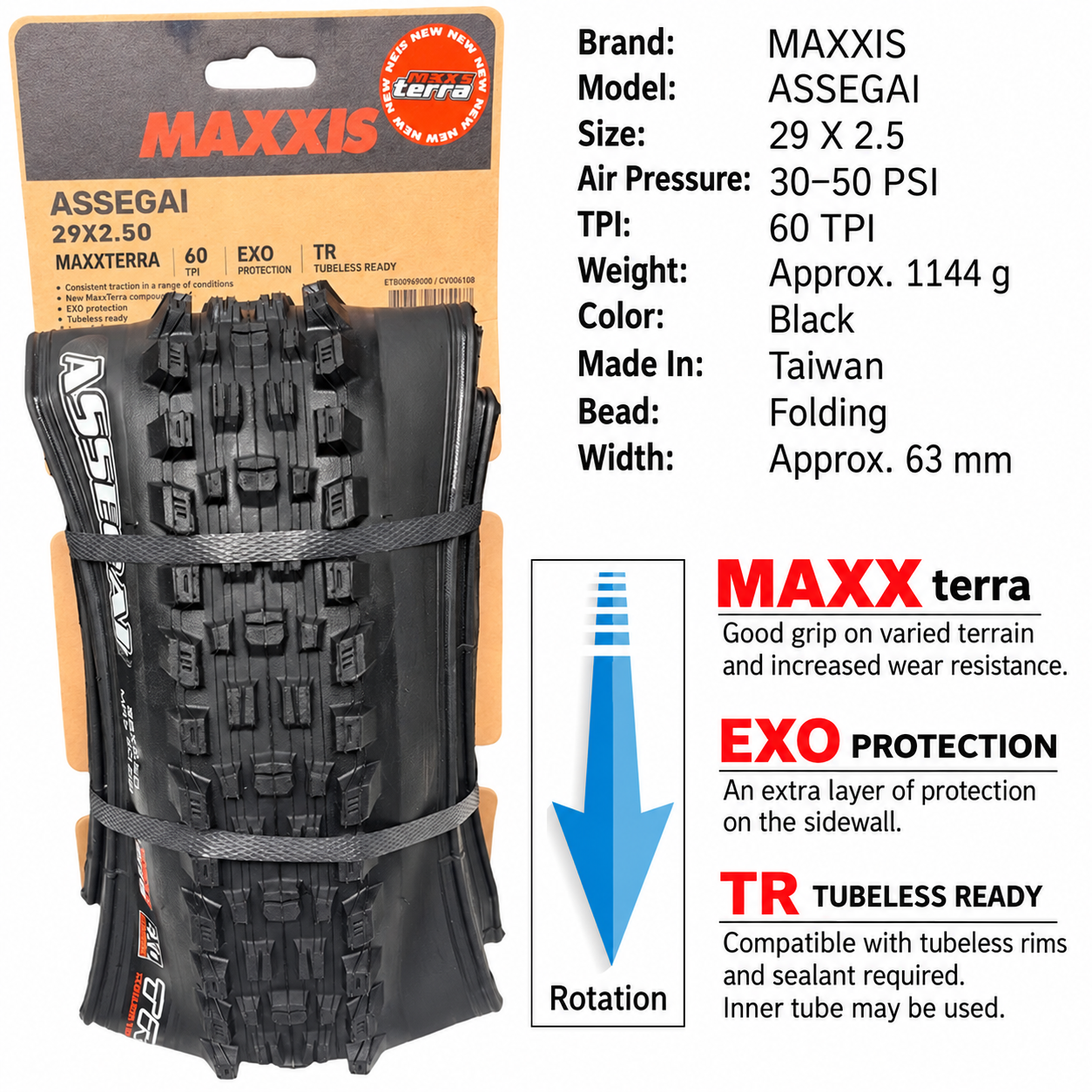MAXXIS Assegai Folding Mountain Bike Tires, 27.5 and 29 Inch, EXO, EXO+, DD and DH Options