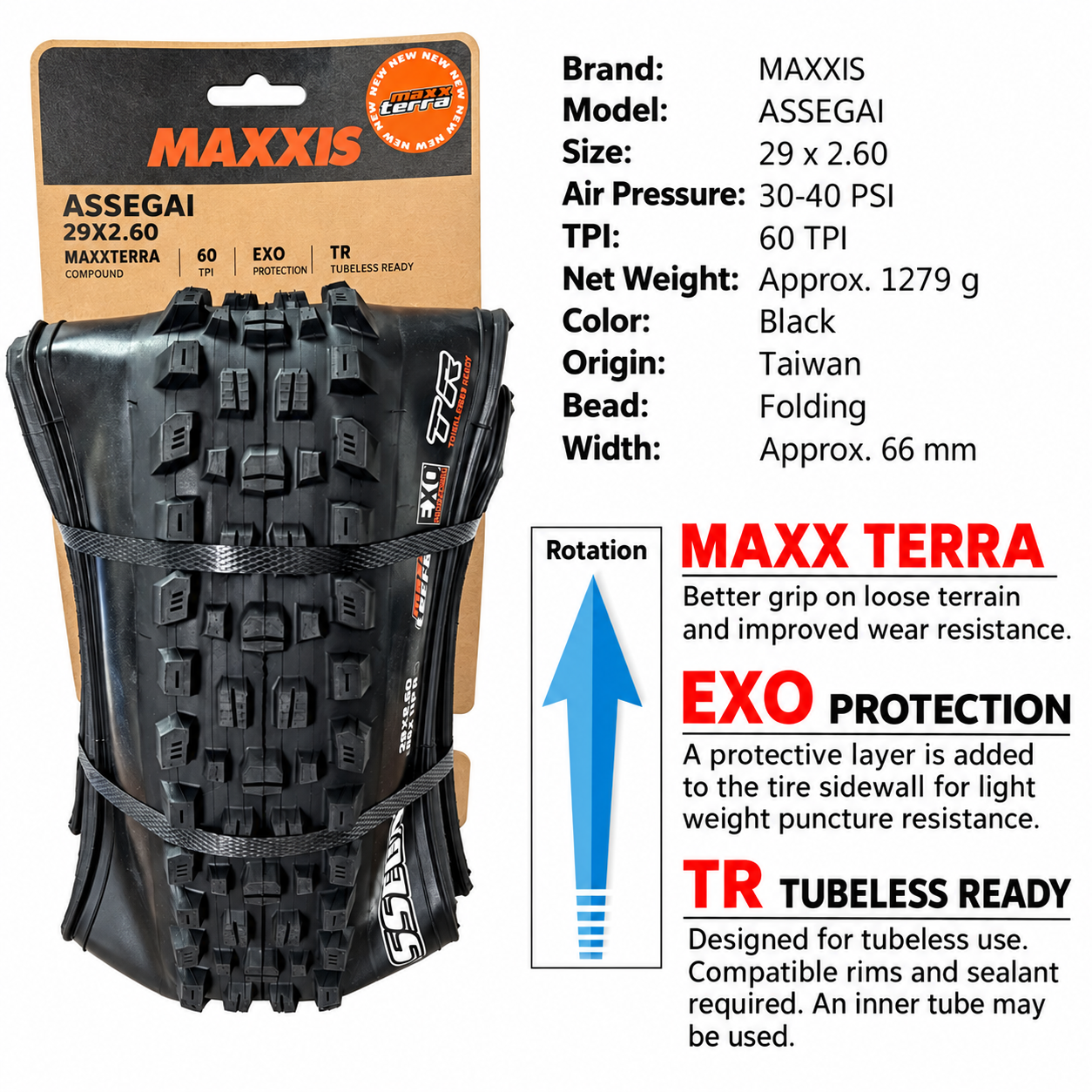 MAXXIS Assegai Folding Mountain Bike Tires, 27.5 and 29 Inch, EXO, EXO+, DD and DH Options