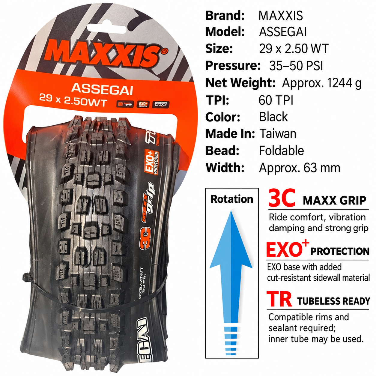 MAXXIS Assegai Folding Mountain Bike Tires, 27.5 and 29 Inch, EXO, EXO+, DD and DH Options