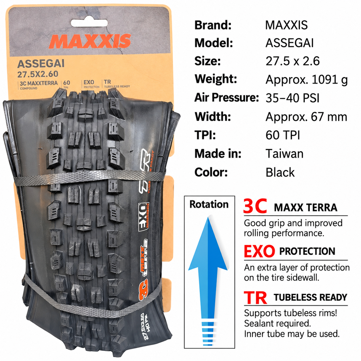 MAXXIS Assegai Folding Mountain Bike Tires, 27.5 and 29 Inch, EXO, EXO+, DD and DH Options