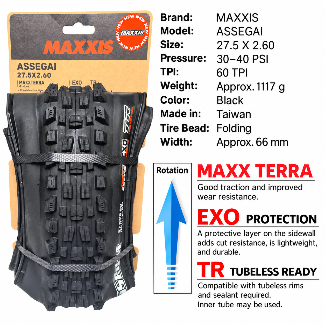 MAXXIS Assegai Folding Mountain Bike Tires, 27.5 and 29 Inch, EXO, EXO+, DD and DH Options