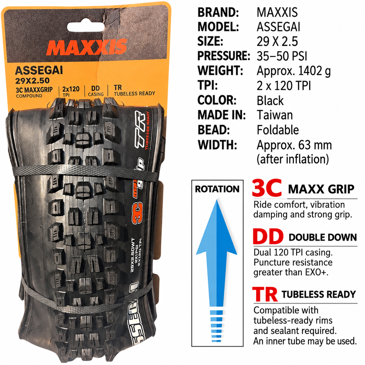 MAXXIS Assegai Folding Mountain Bike Tires, 27.5 and 29 Inch, EXO, EXO+, DD and DH Options