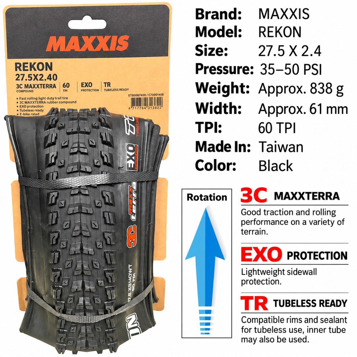 MAXXIS Rekon Folding Mountain Bike Tires, 24, 27.5 and 29 Inch
