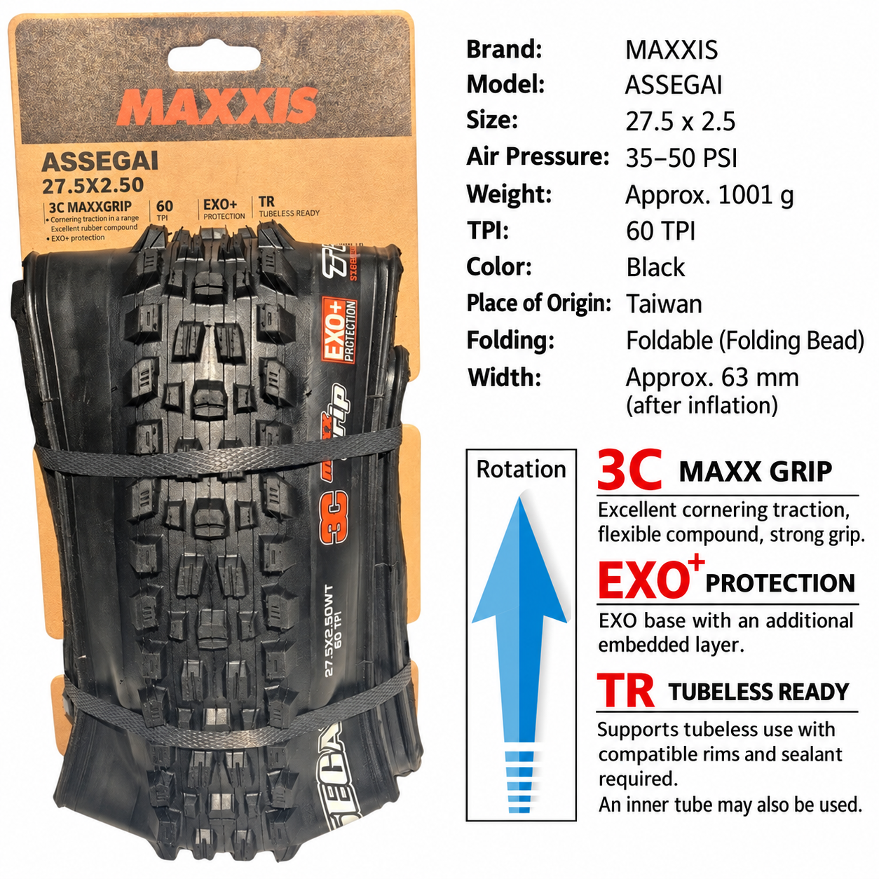 MAXXIS Assegai Folding Mountain Bike Tires, 27.5 and 29 Inch, EXO, EXO+, DD and DH Options