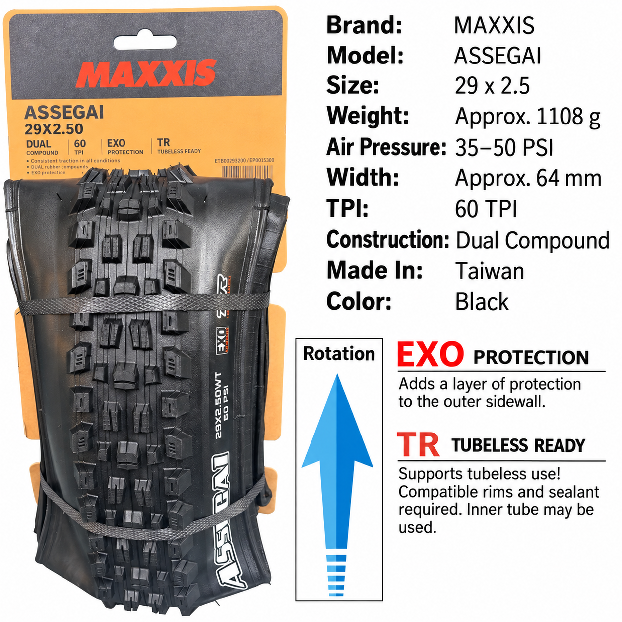 MAXXIS Assegai Folding Mountain Bike Tires, 27.5 and 29 Inch, EXO, EXO+, DD and DH Options