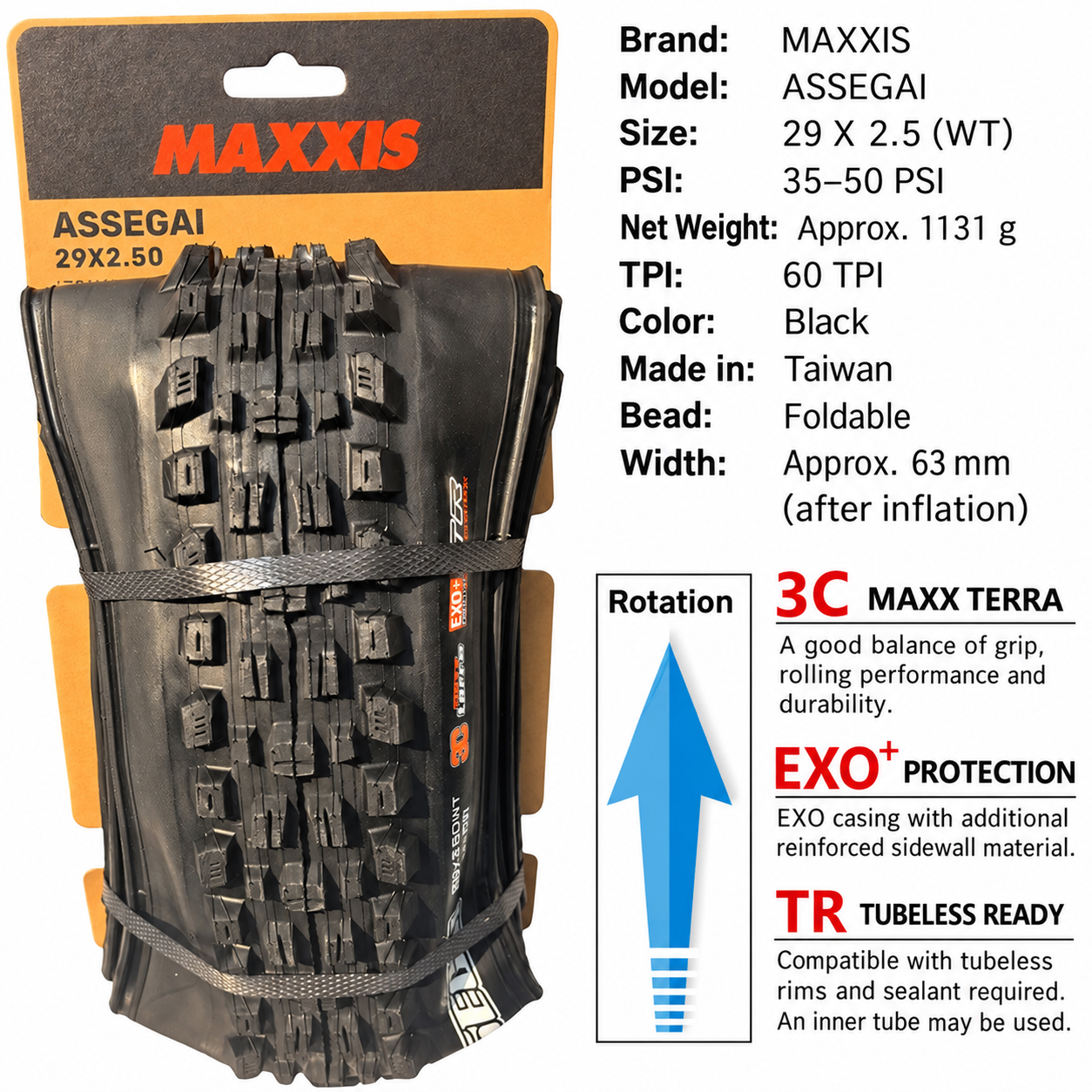 MAXXIS Assegai Folding Mountain Bike Tires, 27.5 and 29 Inch, EXO, EXO+, DD and DH Options