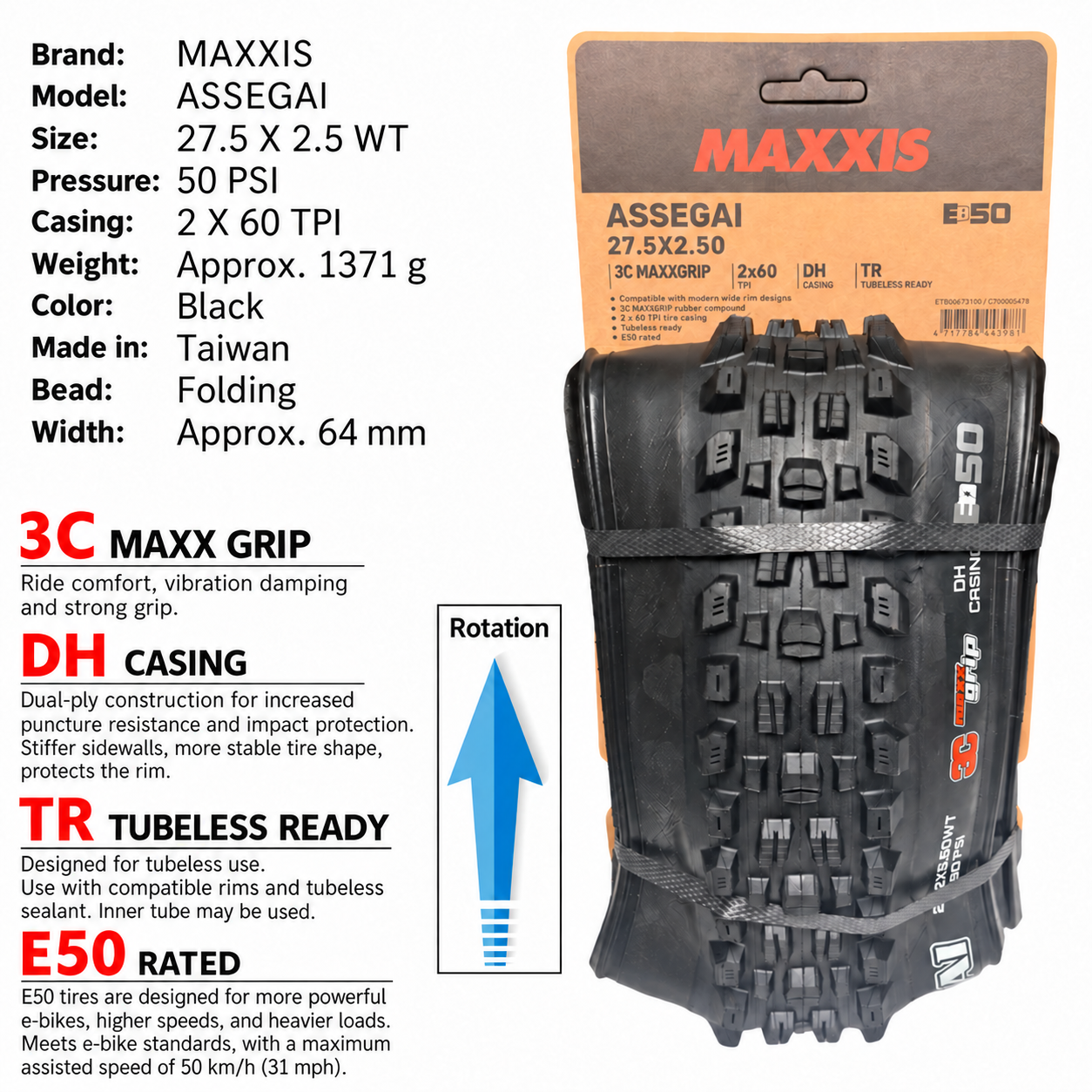 MAXXIS Assegai Folding Mountain Bike Tires, 27.5 and 29 Inch, EXO, EXO+, DD and DH Options