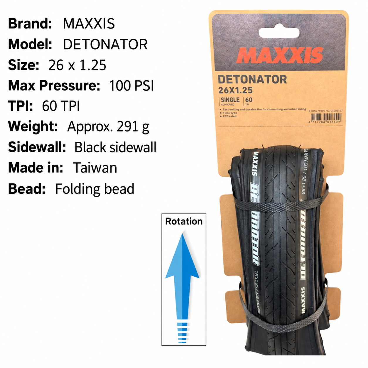 MAXXIS Detonator Folding Semi-Slick Tires, 26 x 1.25, 26 x 1.5 and 27.5 x 1.5