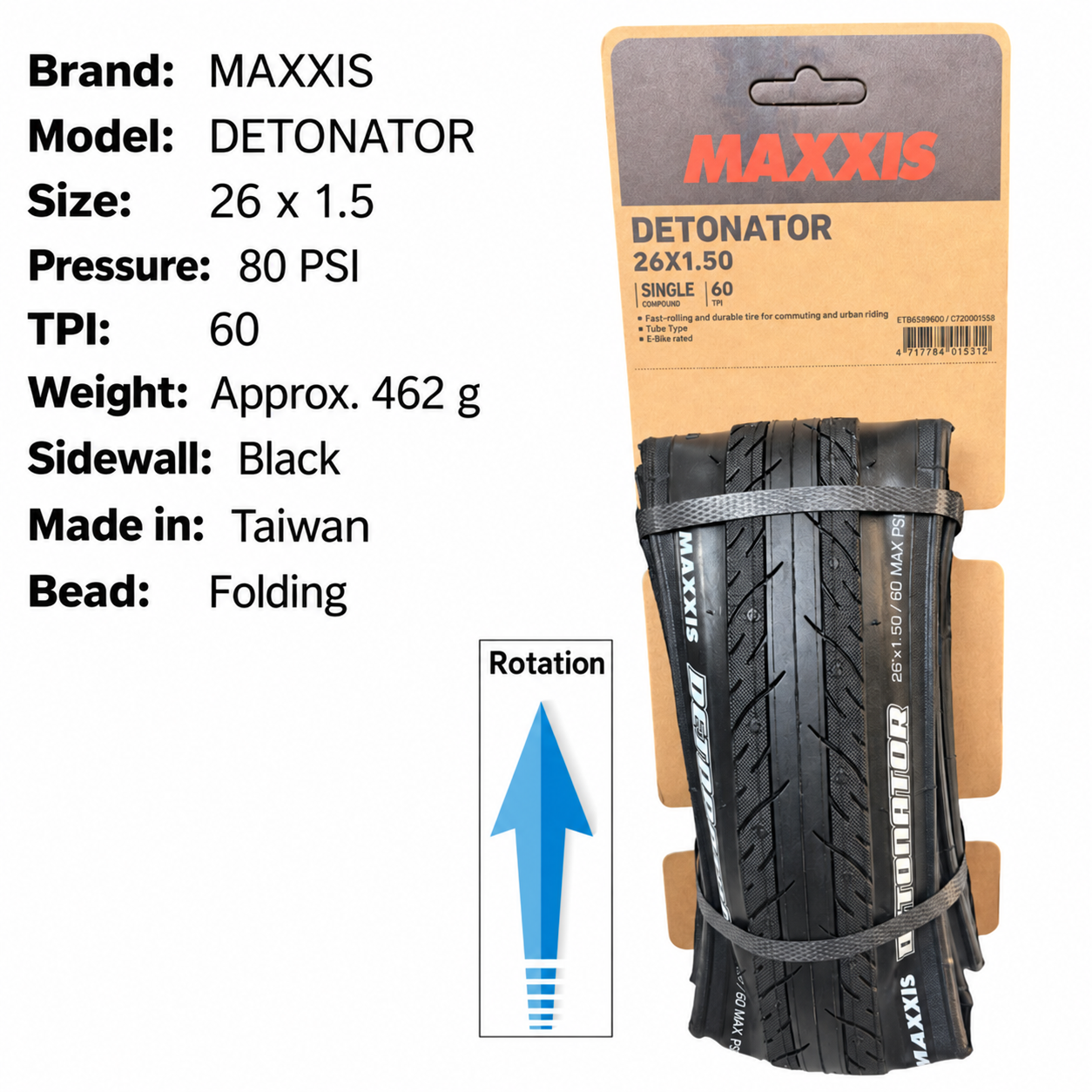 MAXXIS Detonator Folding Semi-Slick Tires, 26 x 1.25, 26 x 1.5 and 27.5 x 1.5