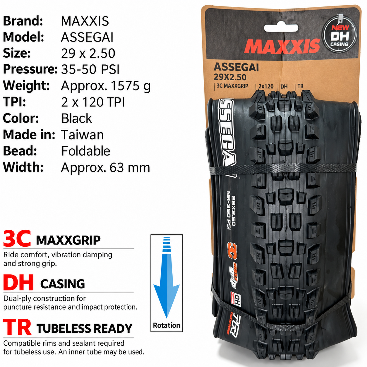 MAXXIS Assegai Folding Mountain Bike Tires, 27.5 and 29 Inch, EXO, EXO+, DD and DH Options