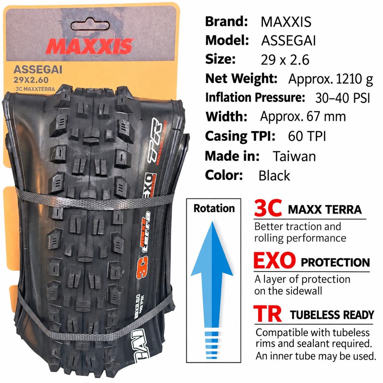 MAXXIS Assegai Folding Mountain Bike Tires, 27.5 and 29 Inch, EXO, EXO+, DD and DH Options