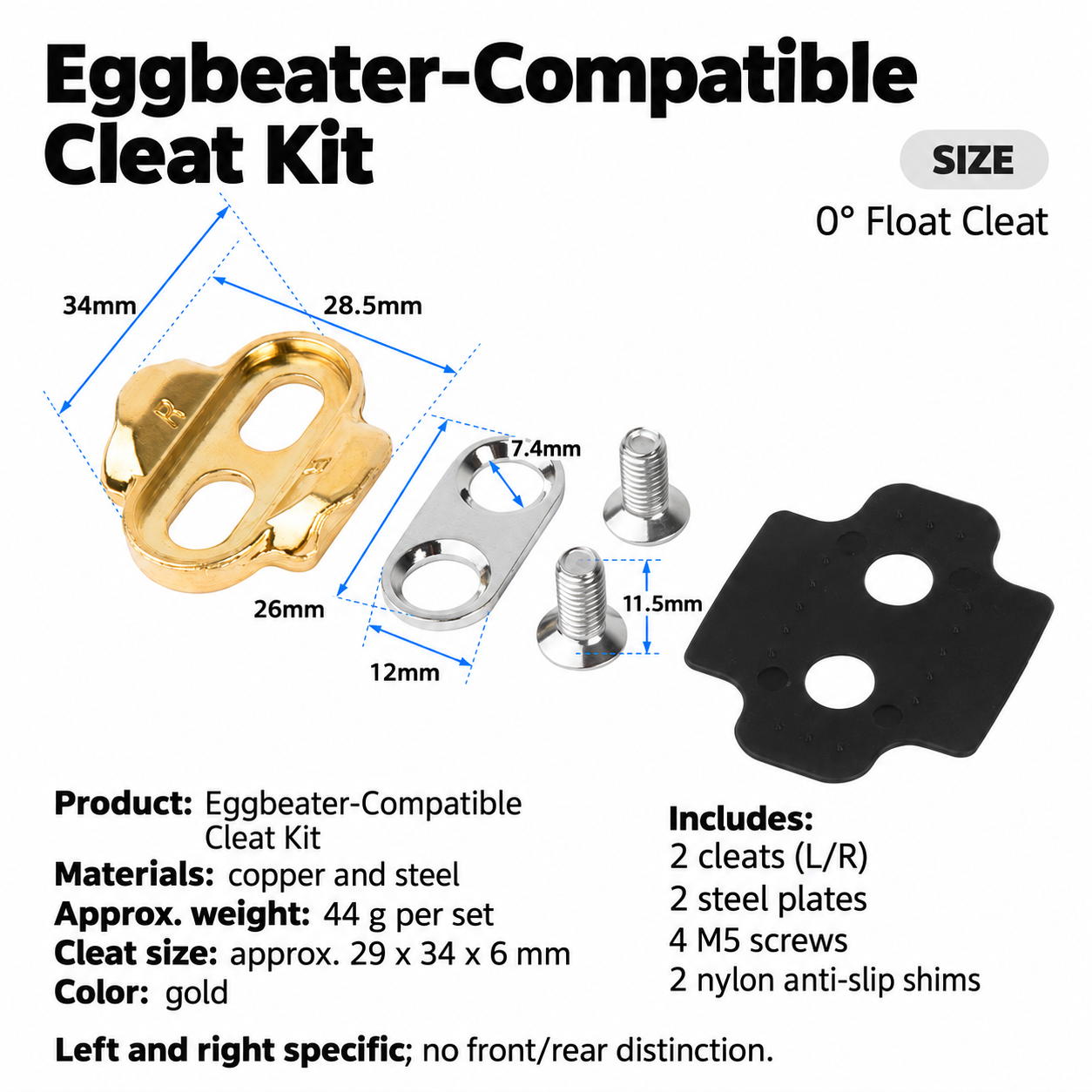 Eggbeater-Compatible Bicycle Pedal Cleat Kit, Gold 0 Degree Float Cleats, Left and Right Pair with M5 Screws, Steel Plates and Nylon Shims - detail 11