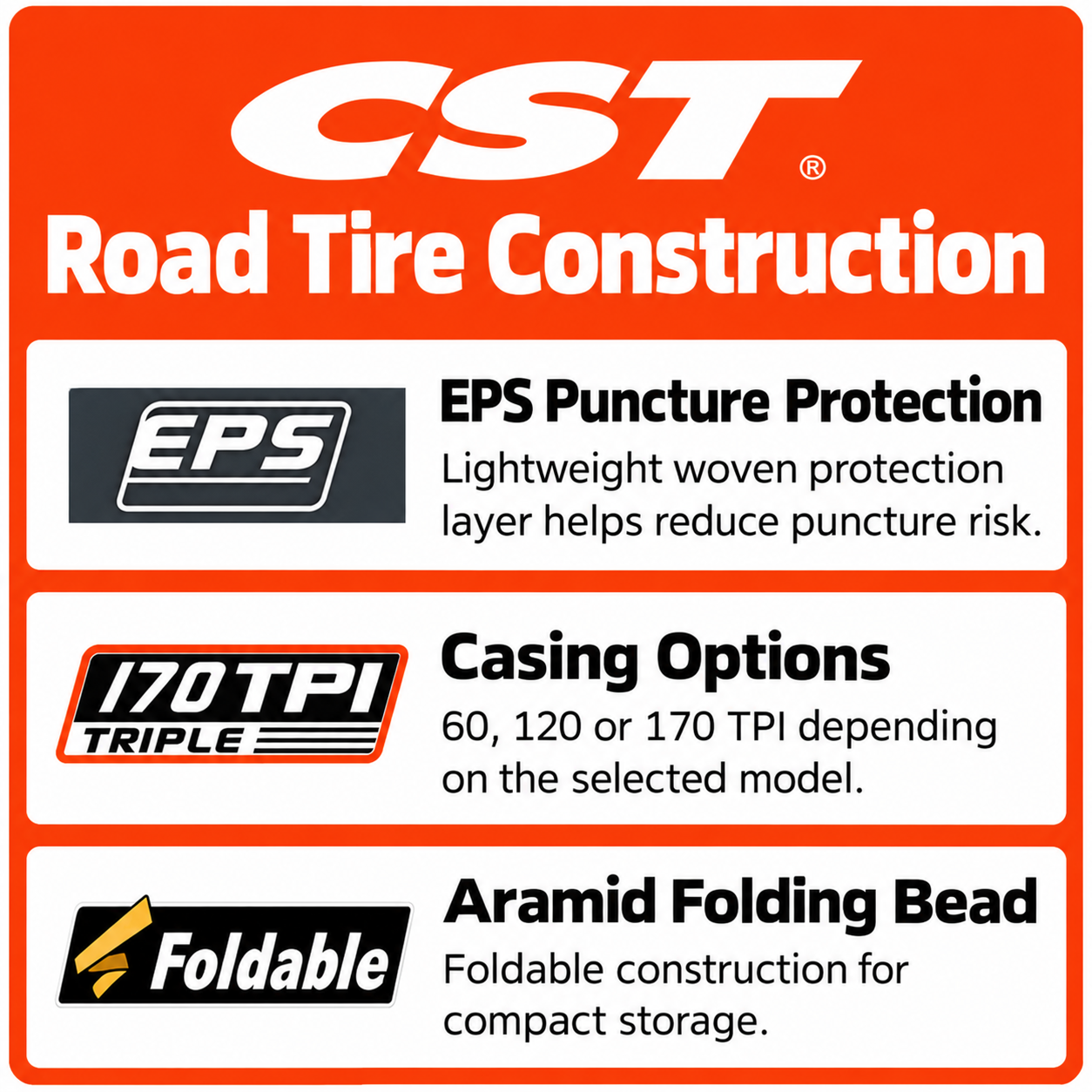 CST 700C Folding Road Bicycle Tires in 700 x 23C, 25C and 28C, C1406 C1761 C1808 C1922 C3045 and C3045N, EPS Protection and Tubeless Ready Option - detail 17