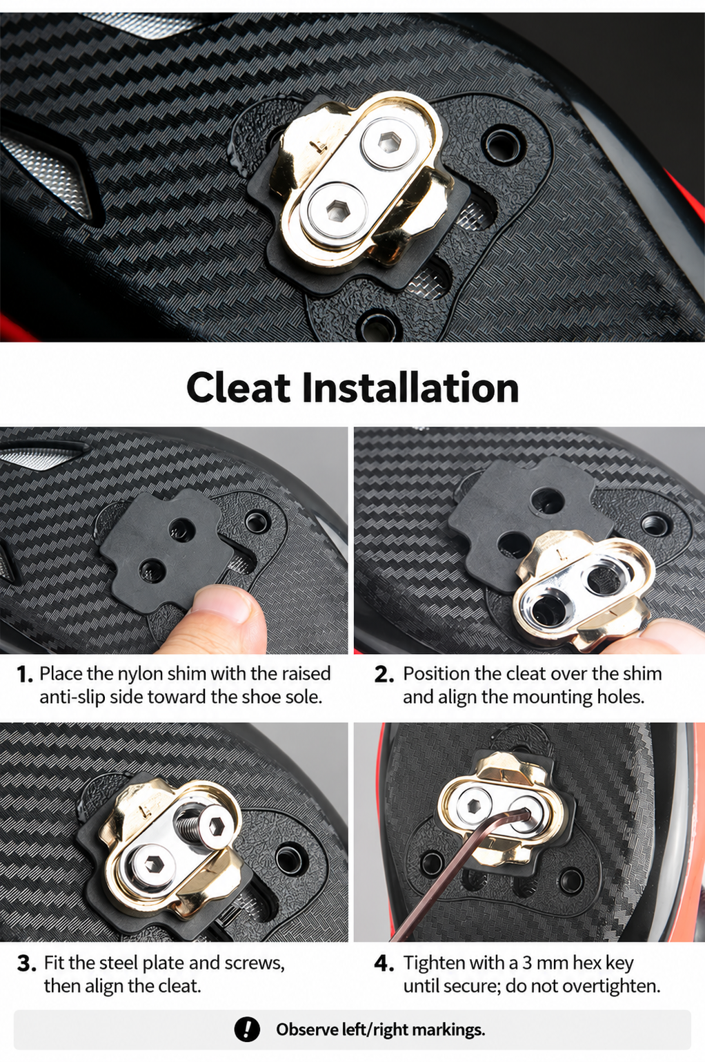 Eggbeater-Compatible Bicycle Pedal Cleat Kit, Gold 0 Degree Float Cleats, Left and Right Pair with M5 Screws, Steel Plates and Nylon Shims - detail 15