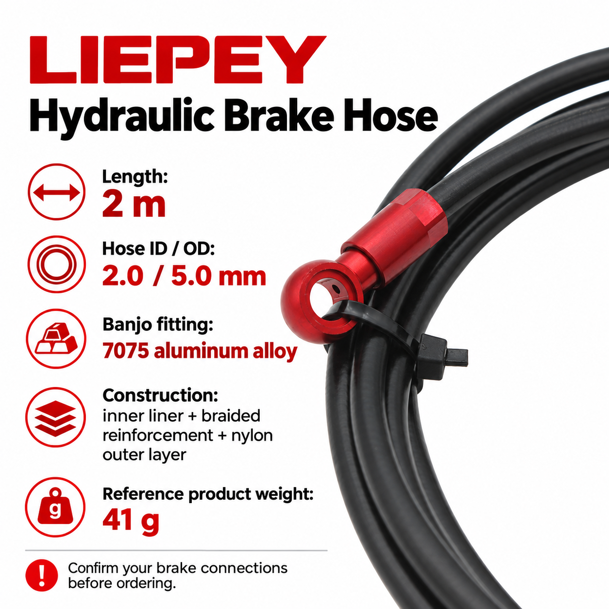 LIEPEY 2 m Hydraulic Disc Brake Hose Kit for Shimano SLX XT XTR, 2.0 x 5.0 mm Hose with 7075 Aluminum Banjo Fitting, Six Colors - detail 100