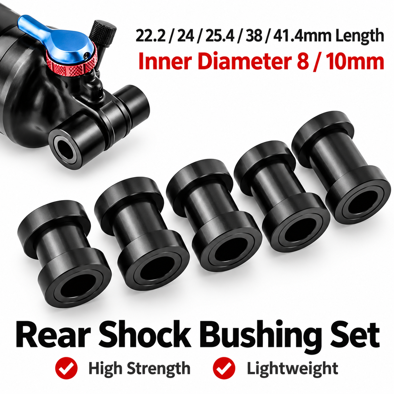 Bike Rear Shock Mounting Hardware Adapter Kit for MTB Frames, 8 mm Bore, 22.2 / 24 / 25.4 / 38 / 41.4 mm Widths, 12.7 mm Center Shaft
