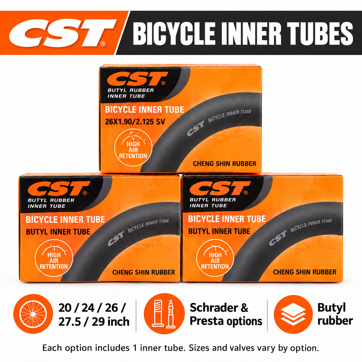 CST Butyl Rubber Bicycle Inner Tubes Tires for 20, 24, 26, 27.5 and 29 Inch Wheels, Schrader and Presta Valves for Mountain and City Bike Tire