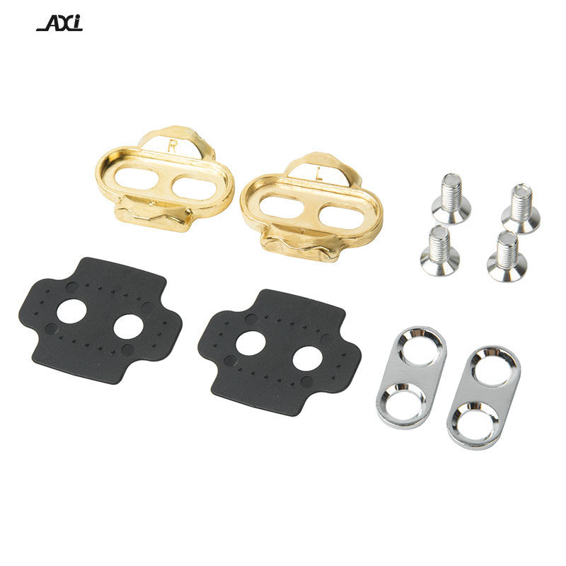 Eggbeater-Compatible Bicycle Pedal Cleat Kit, Gold 0 Degree Float Cleats, Left and Right Pair with M5 Screws, Steel Plates and Nylon Shims