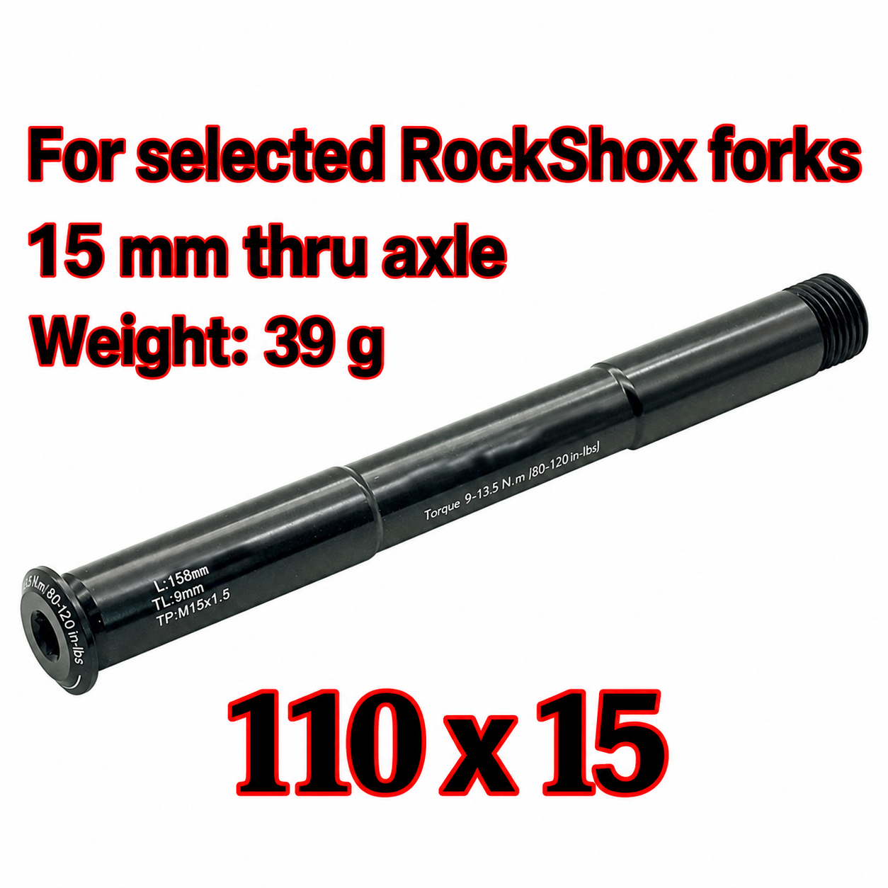 CORKI 110 x 15 mm Front Fork Thru Axle for Selected RockShox Forks, M15 x 1.5 Thread, 158 mm Length, 6 mm Hex Socket, 39 g